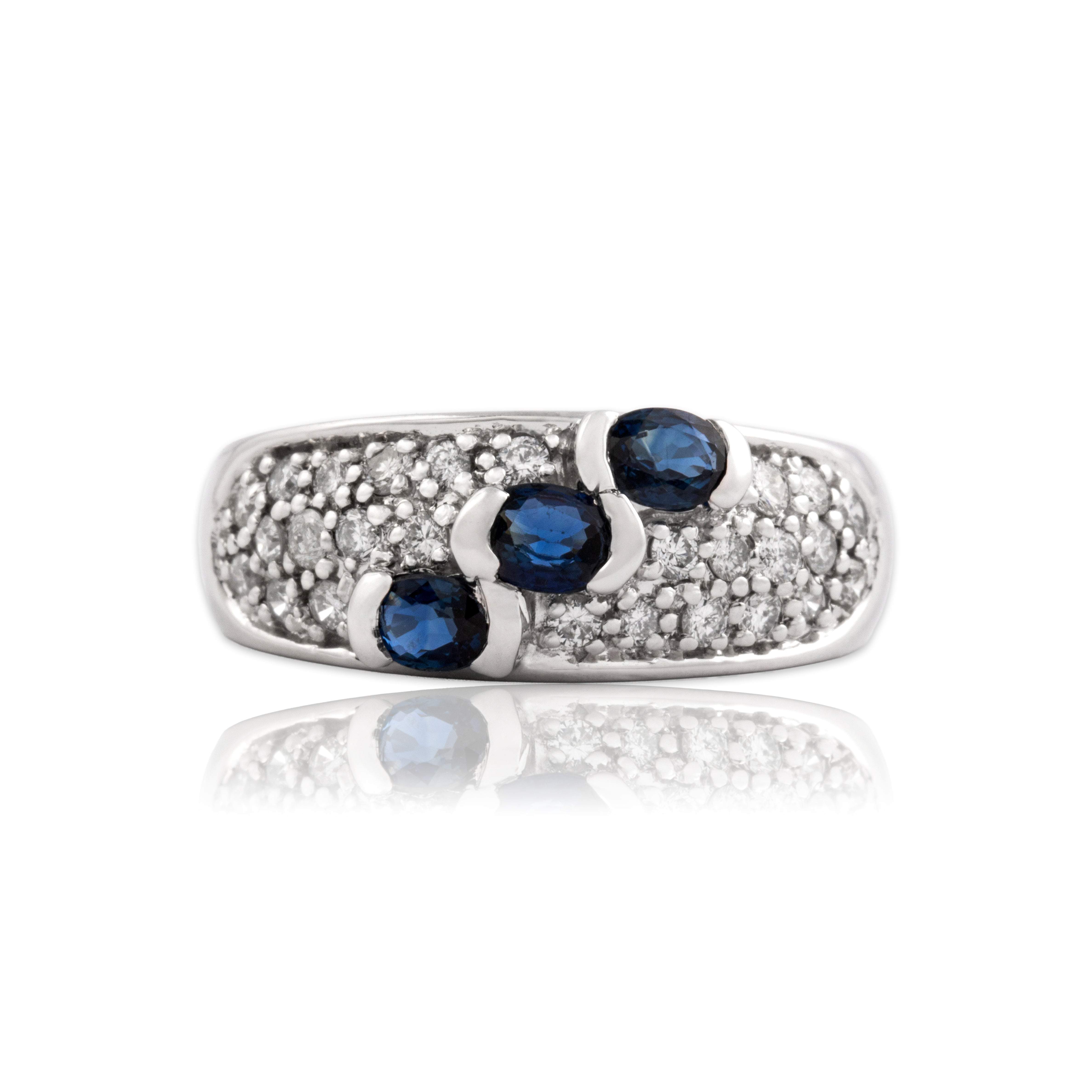 Vintage 14k White Gold .54cttw Blue Sapphire Diamond Step Trio Band Ring 6.50