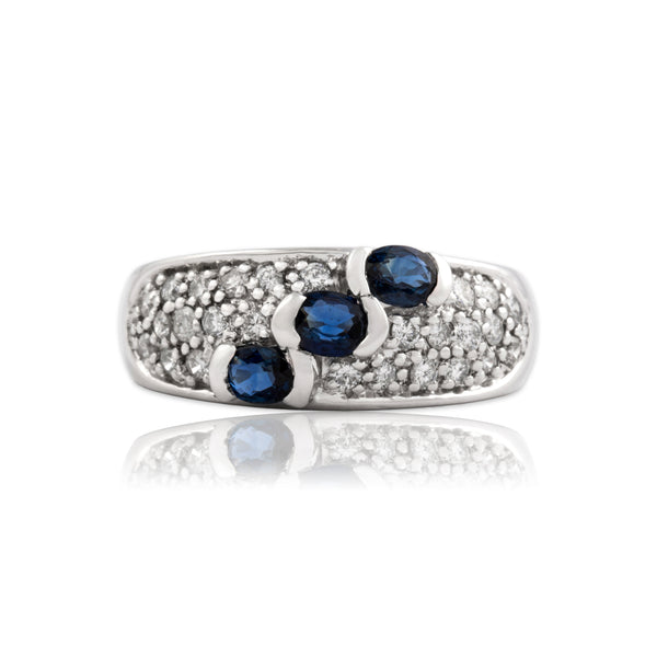 Vintage 14k White Gold .54cttw Blue Sapphire Diamond Step Trio Band Ring 6.50