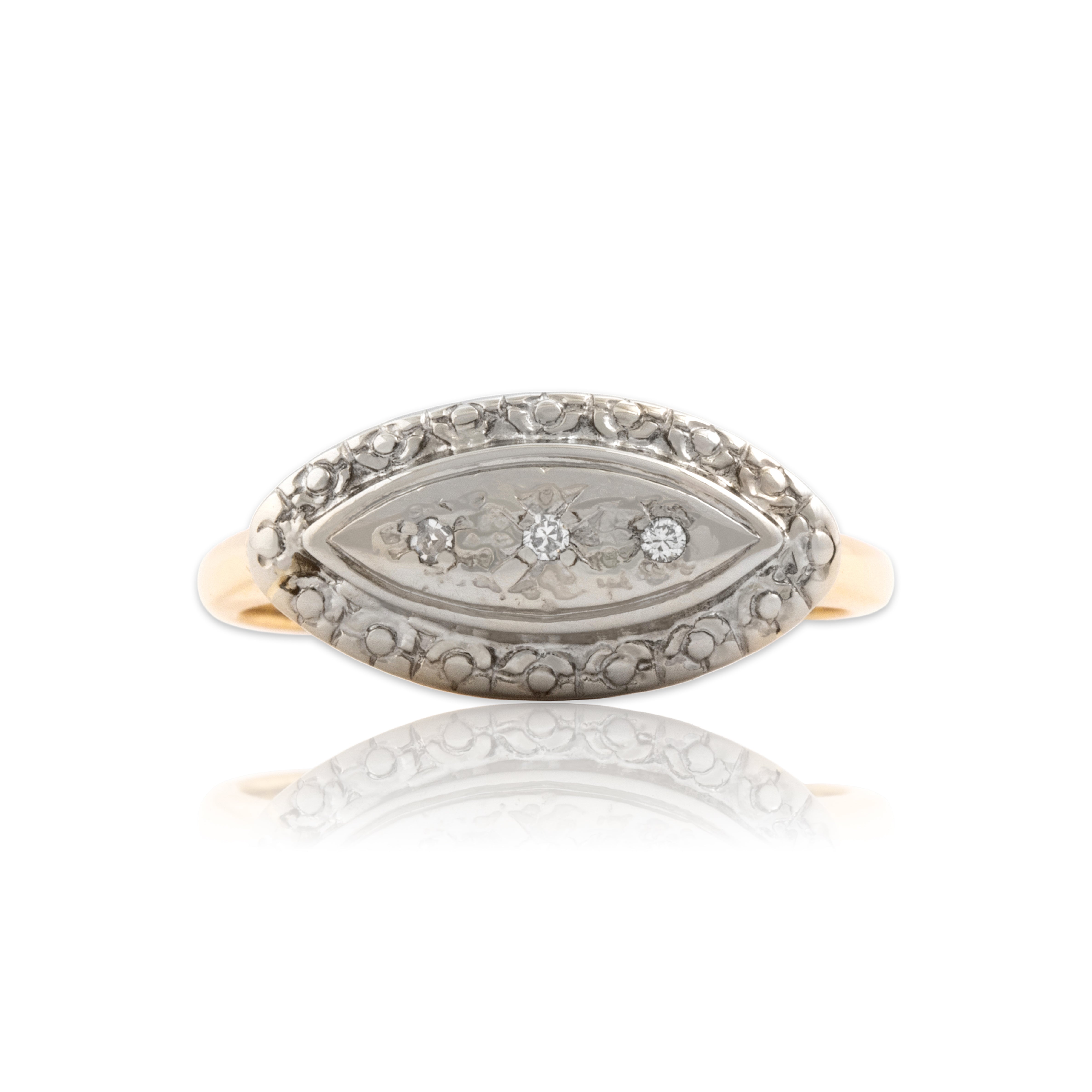 Vintage 14k Yellow & White Gold Diamond Blossom Detail East-West Navette Ring - Close-up view