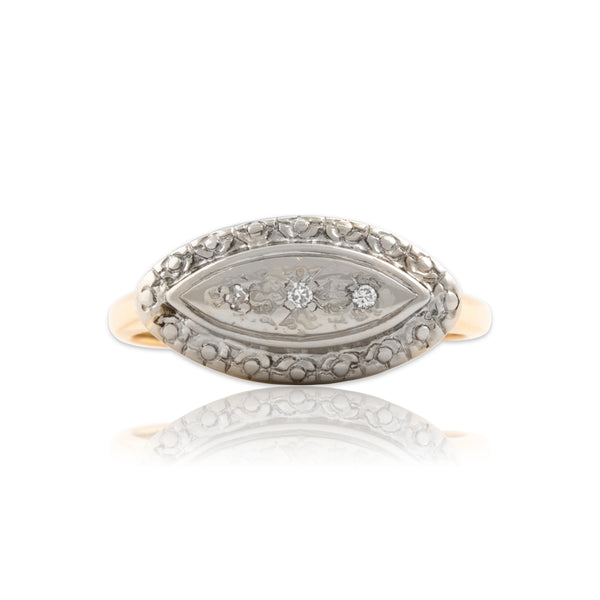 Vintage 14k Yellow & White Gold Diamond Blossom Detail East-West Navette Ring 6.00