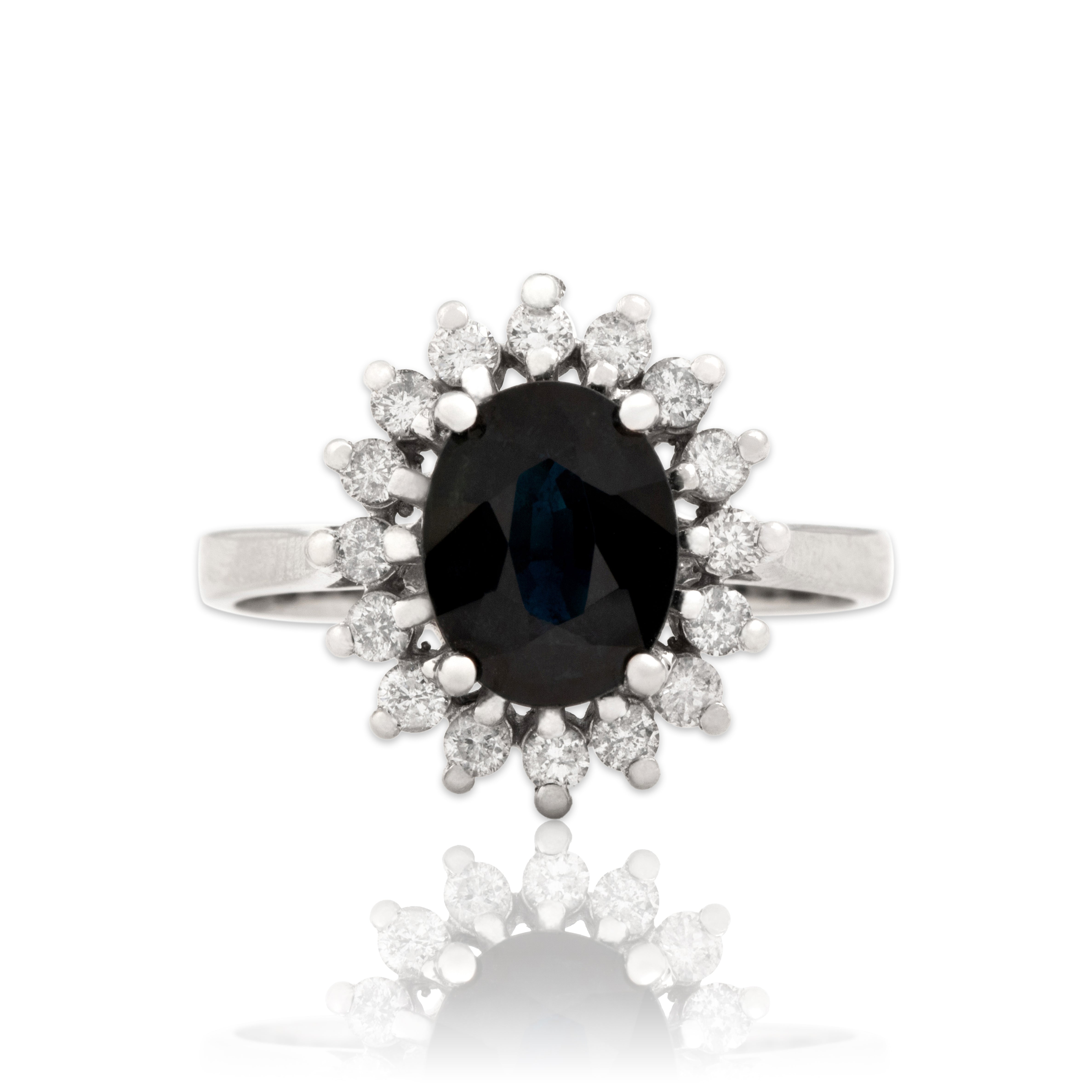 Vintage 14k White Gold 2.38ct Dark Blue-Green Sapphire Diamond Stunning Classic Halo Ring - Close-up view