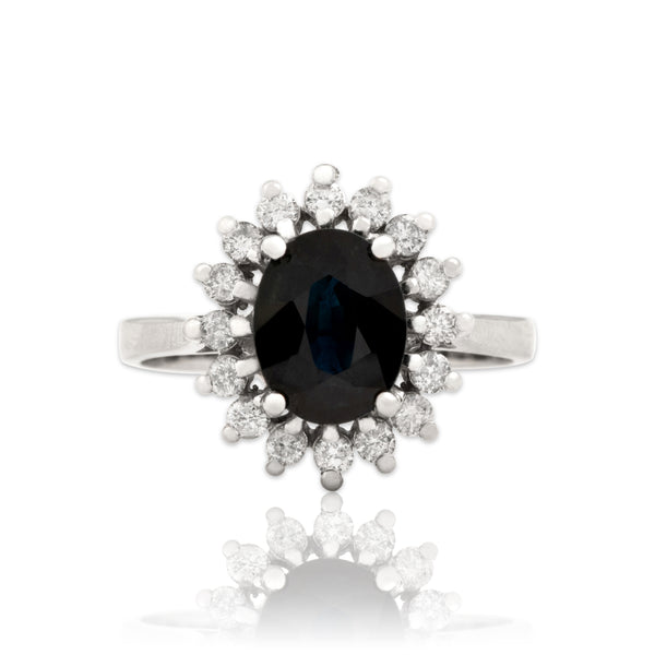 Vintage 14k White Gold 2.38ct Dark Blue-Green Sapphire Diamond Halo Ring 8.00