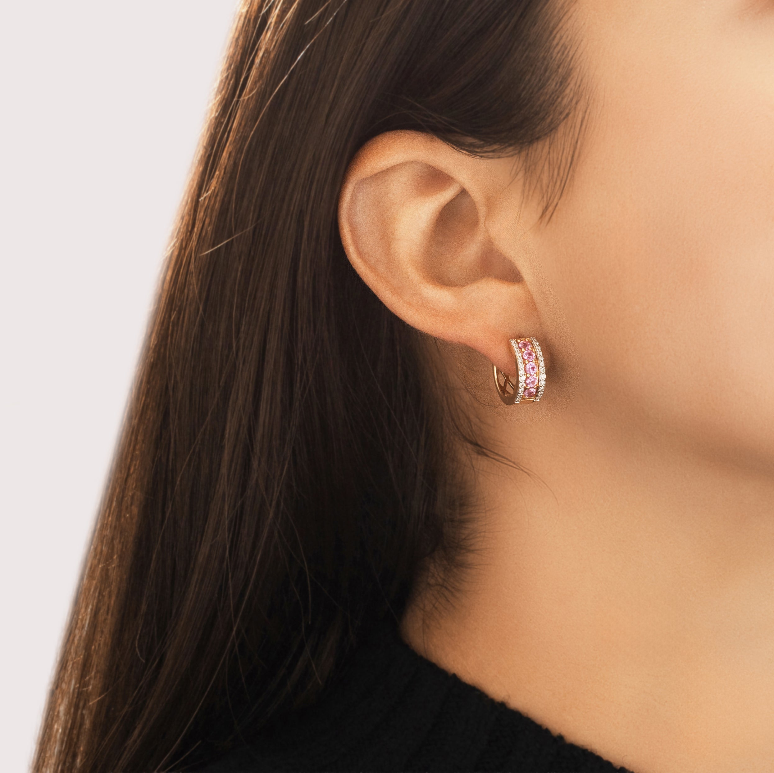 Vintage Small 14k Yellow Gold .54cttw Pink Sapphire Diamond Glittering Line Hoop Earrings - On model view