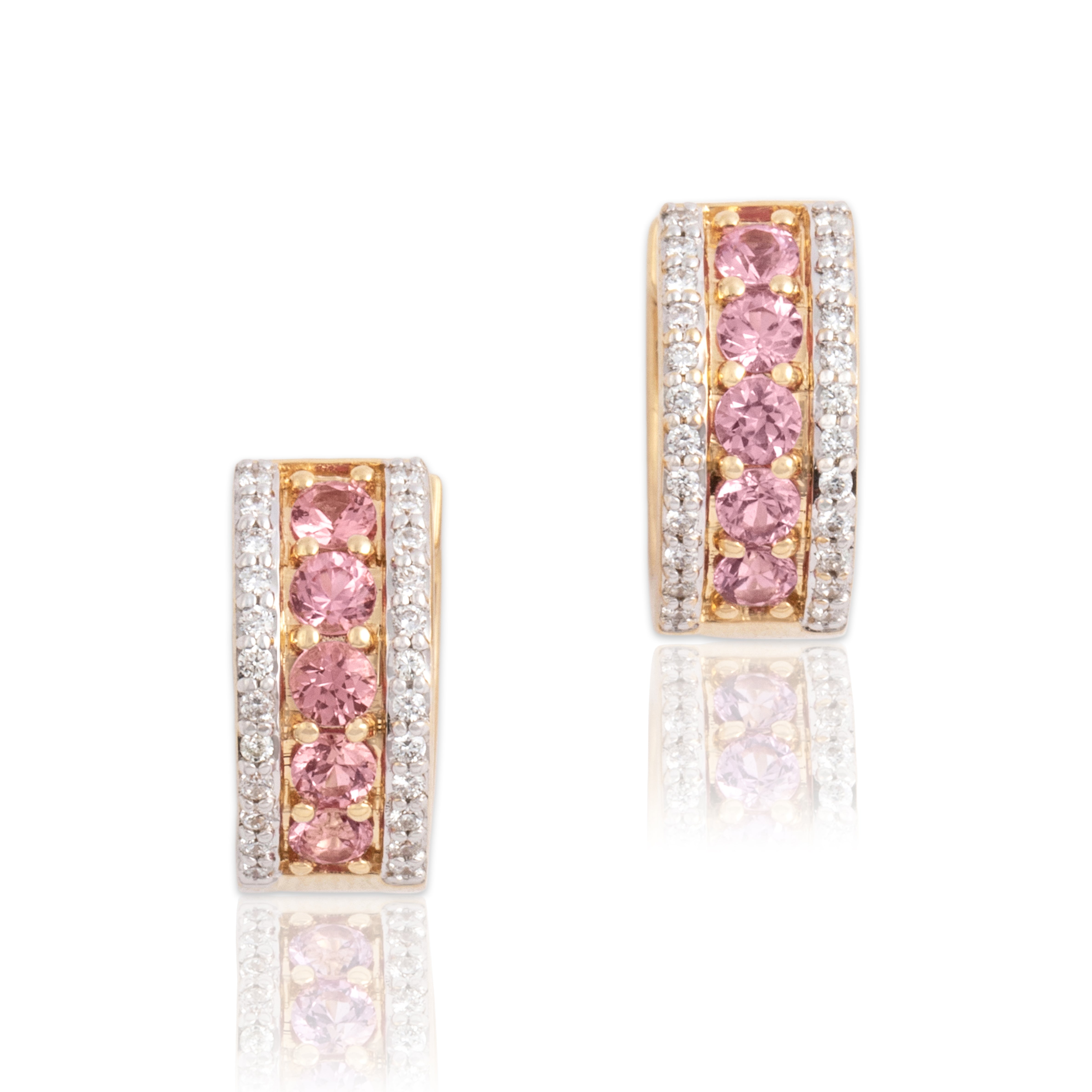 Vintage Small 14k Yellow Gold .54cttw Pink Sapphire Diamond Line Hoop Earrings
