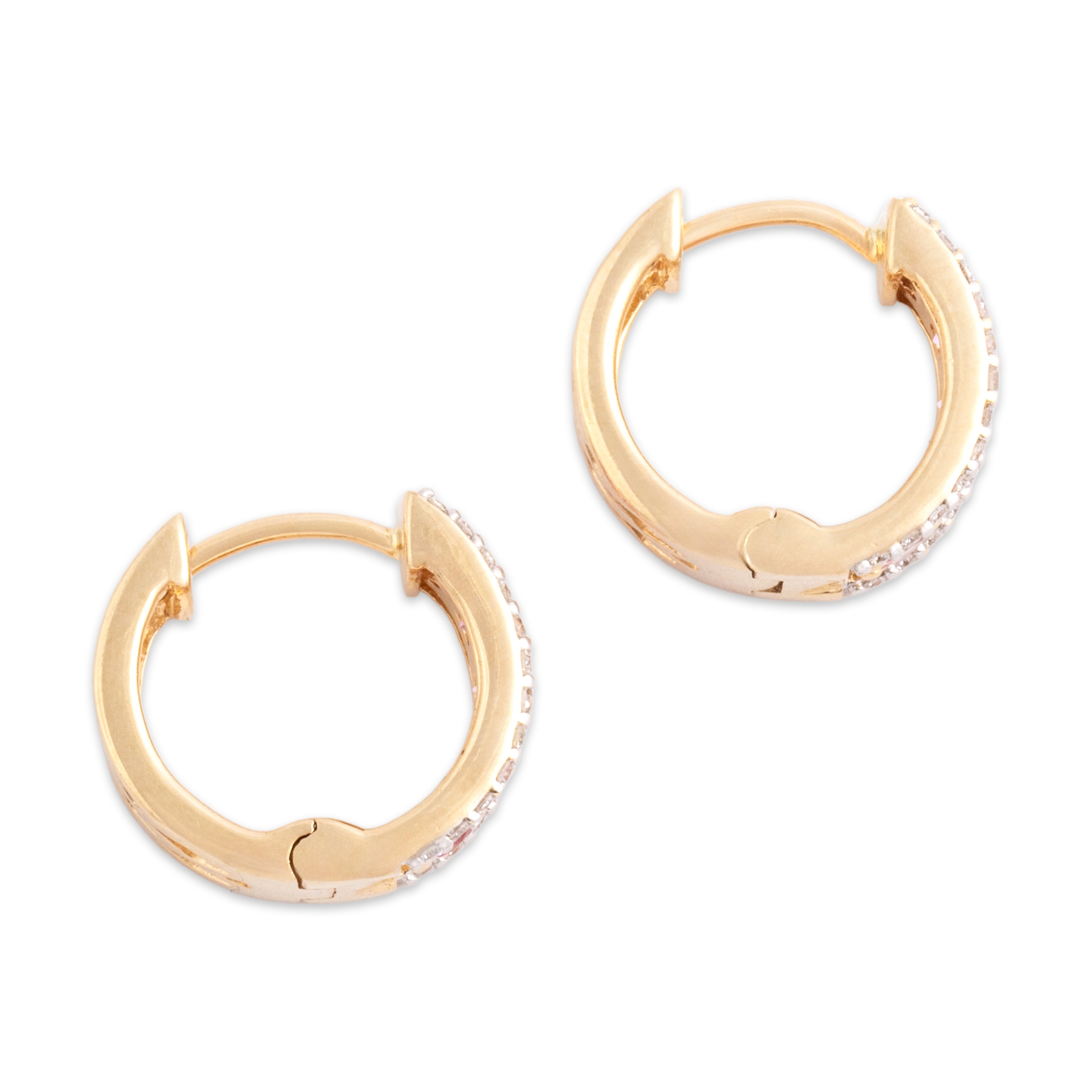 Vintage Small 14k Yellow Gold .54cttw Pink Sapphire Diamond Glittering Line Hoop Earrings - Side view