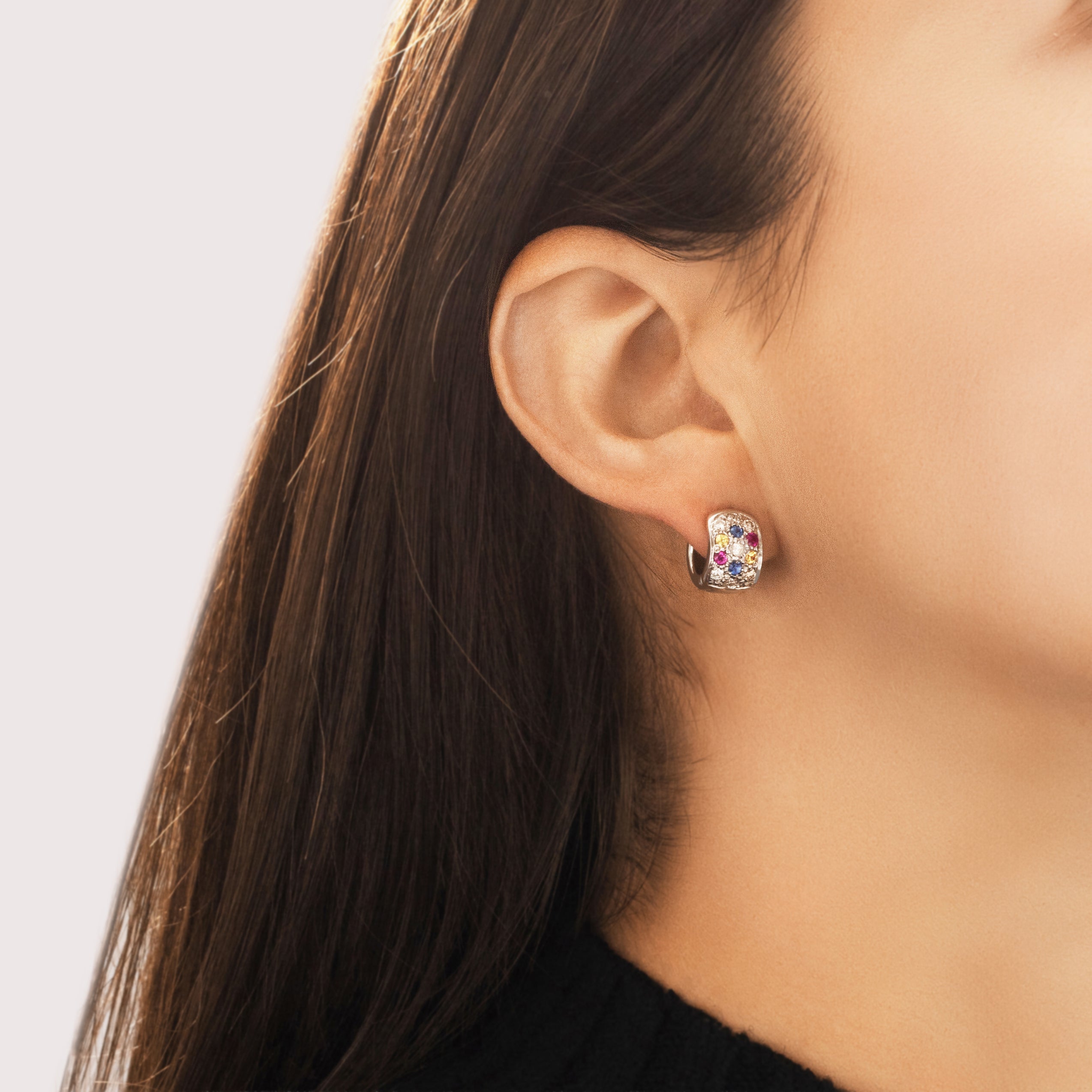 Vintage 14k White Gold Diamond Blue Yellow Sapphire Ruby Glittering Confetti Hoop Earrings - On model view