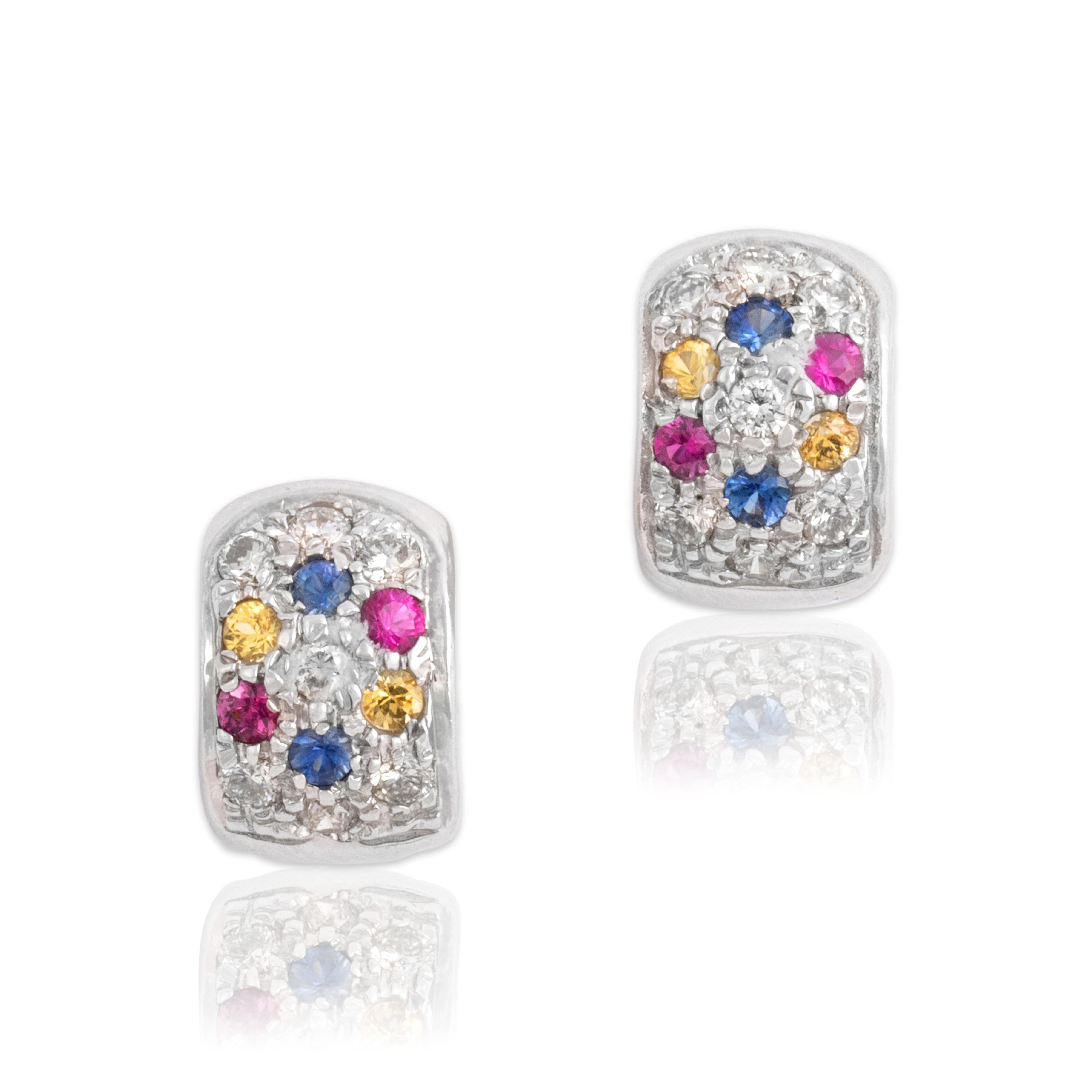 Vintage 14k White Gold Diamond Blue Yellow Sapphire Ruby Confetti Hoop Earrings