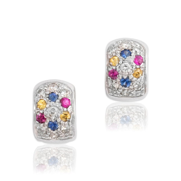 Vintage 14k White Gold Diamond Blue Yellow Sapphire Ruby Confetti Hoop Earrings