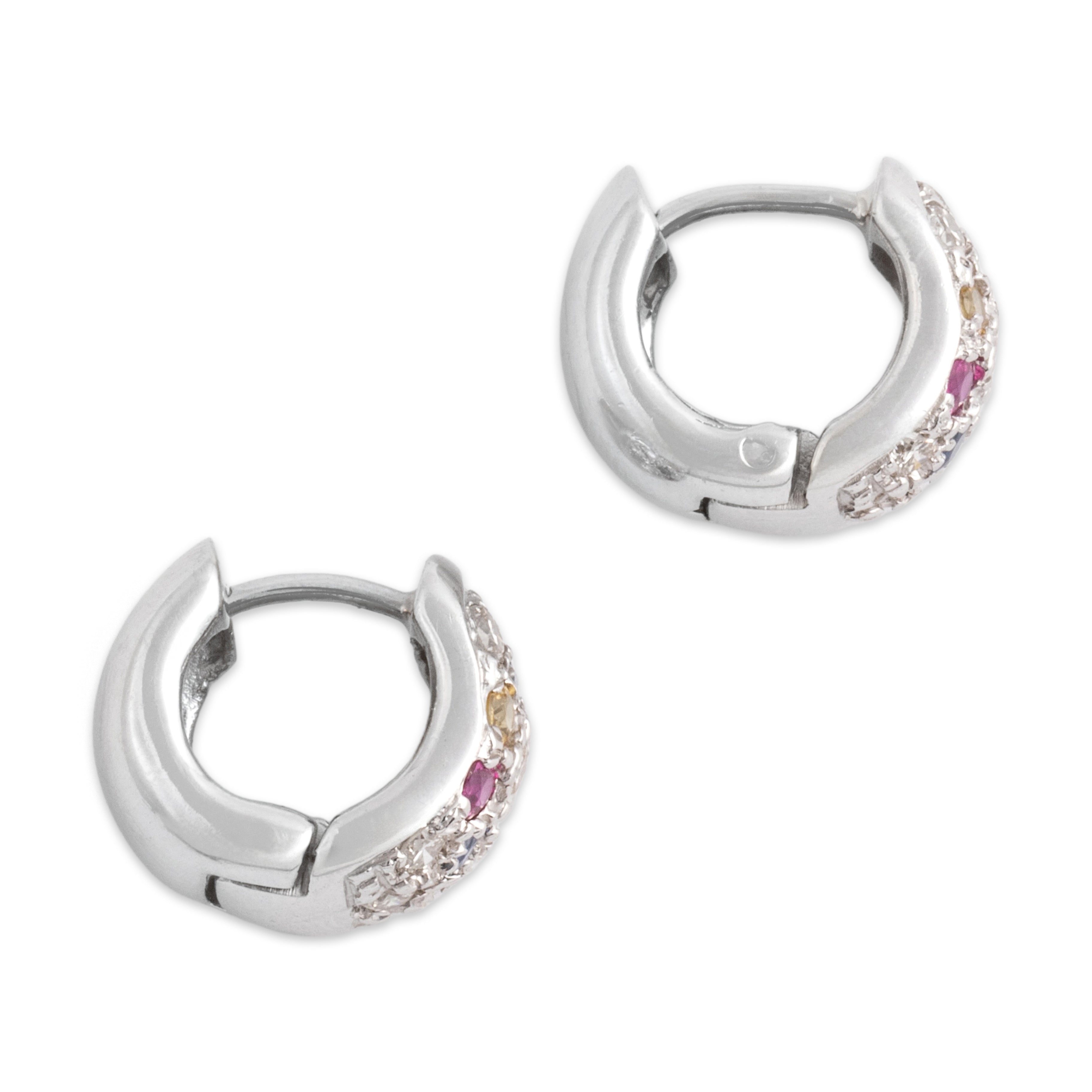 Vintage 14k White Gold Diamond Blue Yellow Sapphire Ruby Glittering Confetti Hoop Earrings - Side view