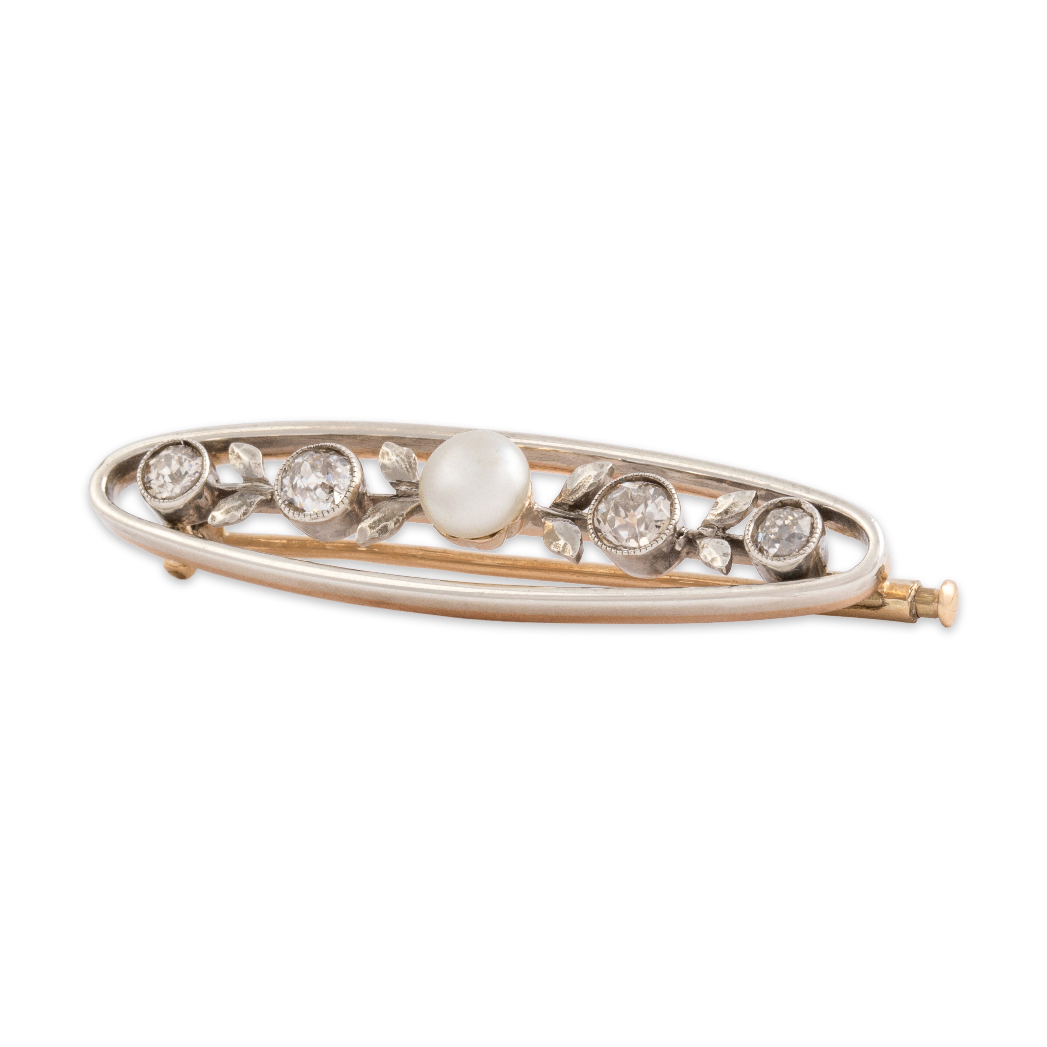 Antique Russian 14k Rosy Yellow Gold & Silver Old Mine Diamond Pearl Brooch / Pin