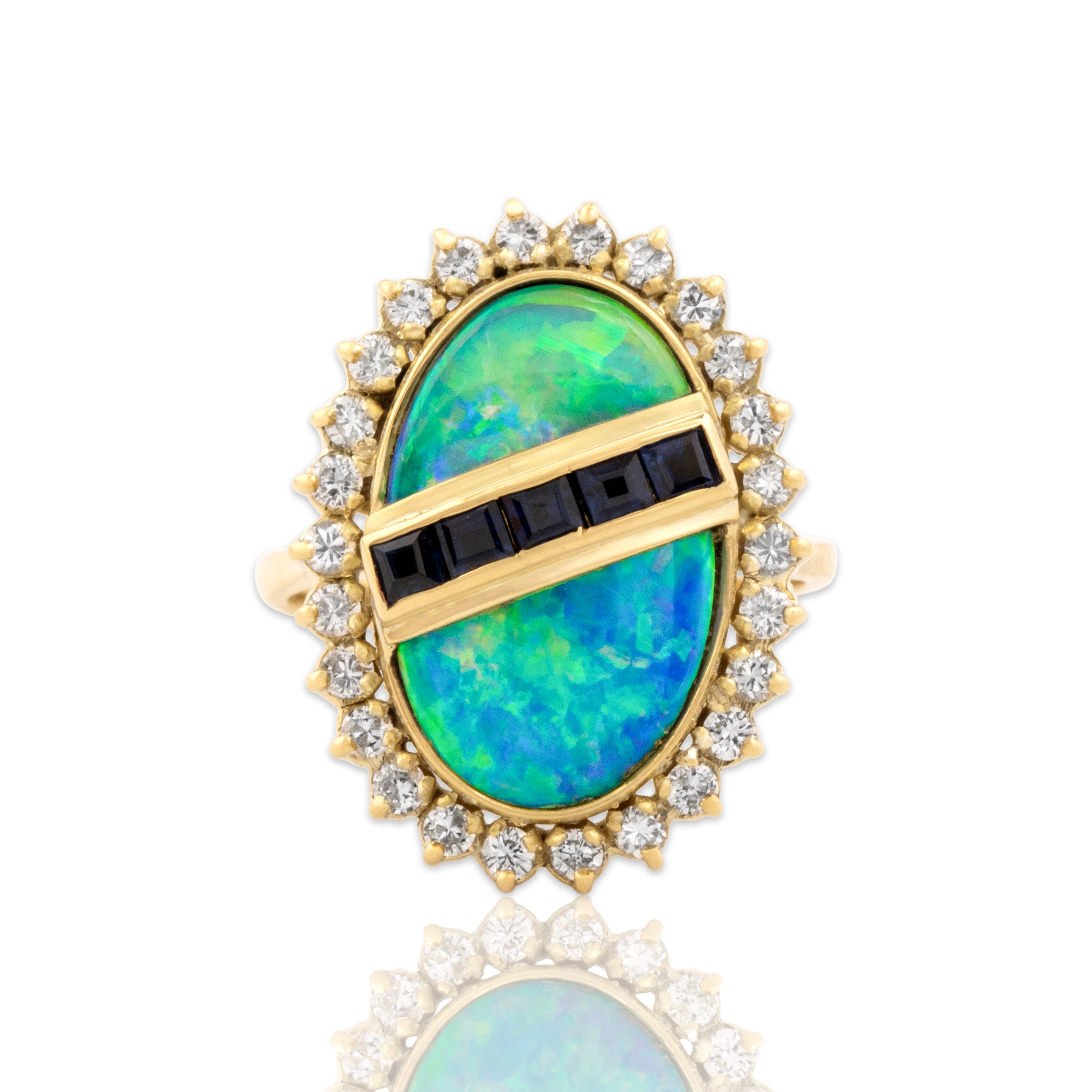 Vintage 18k Yellow Gold Blue Opal Doublet Diamond Blue Sapphire Halo Ring 5.25