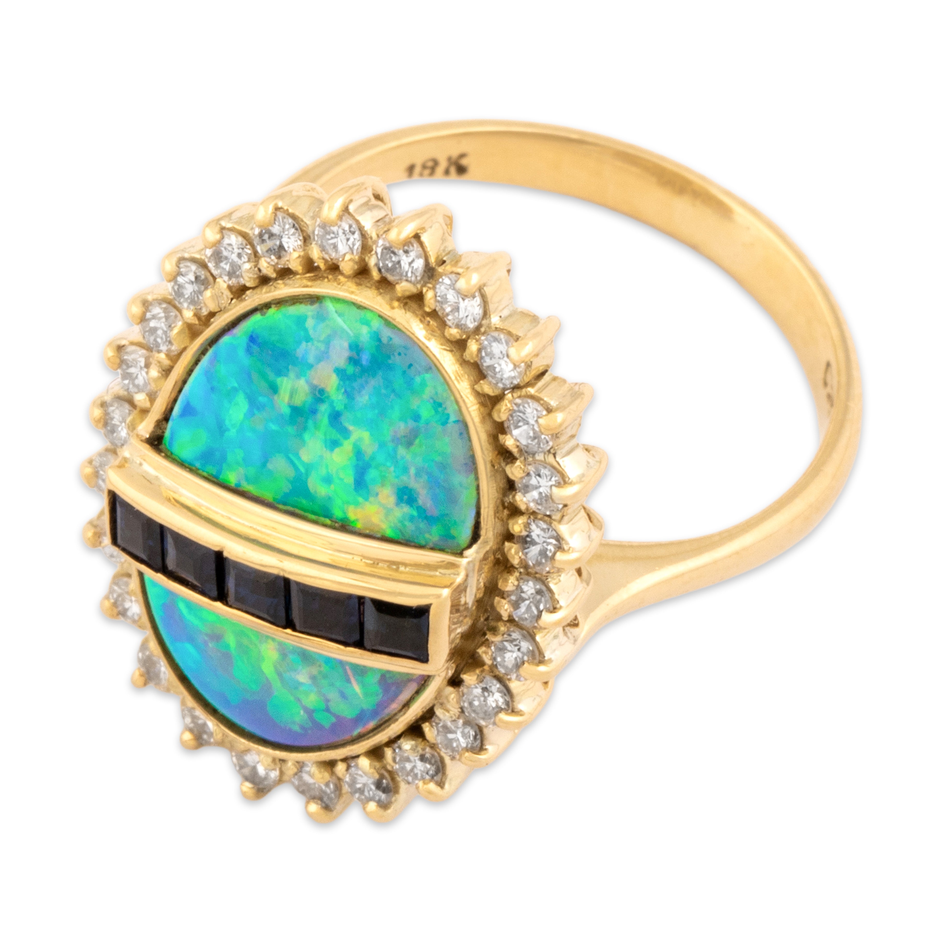 Vintage 18k Yellow Gold Blue Opal Doublet Diamond Blue Sapphire Halo Ring 5.25