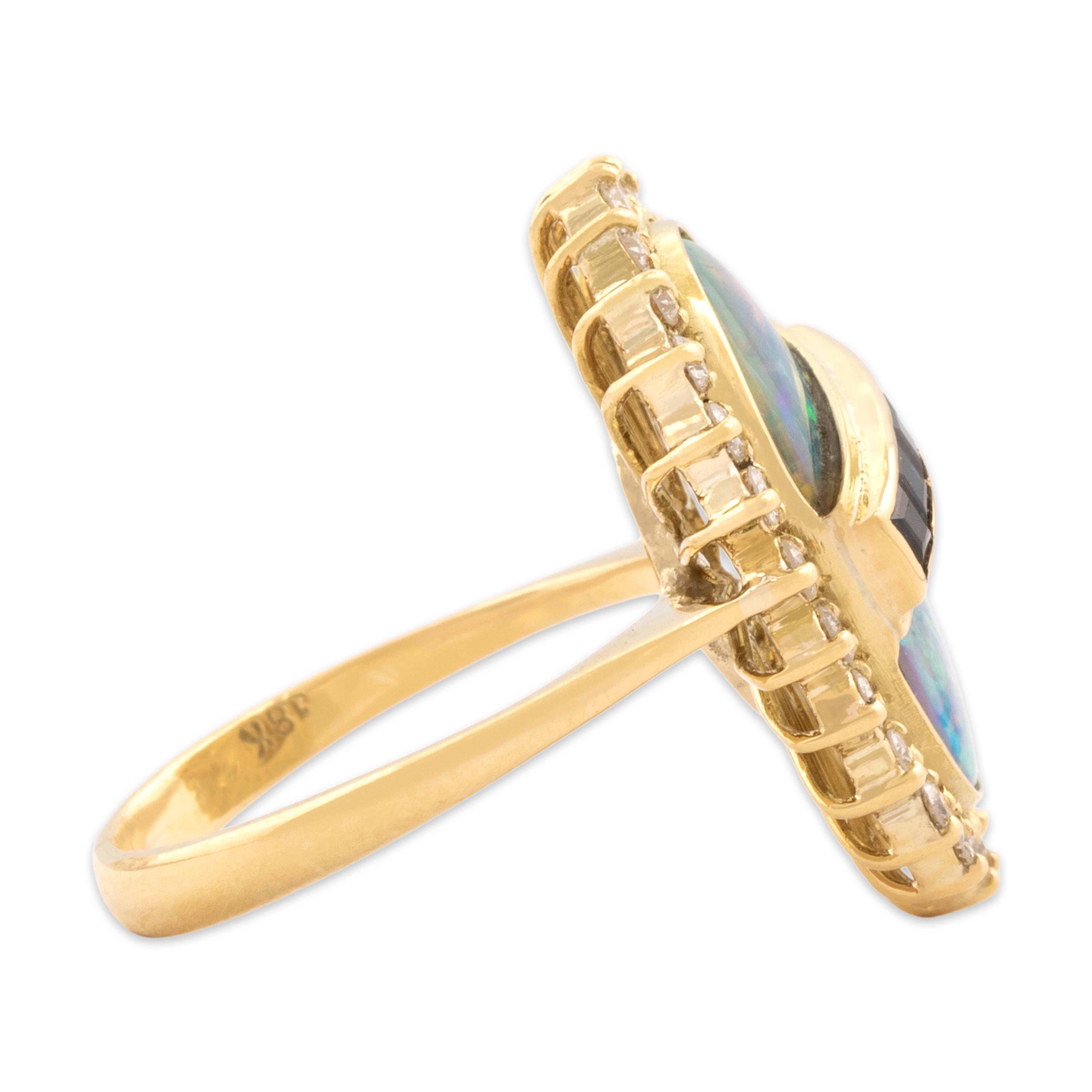 Vintage 18k Yellow Gold Blue Opal Doublet Diamond Blue Sapphire Iridescent Oval Halo Ring - Side view