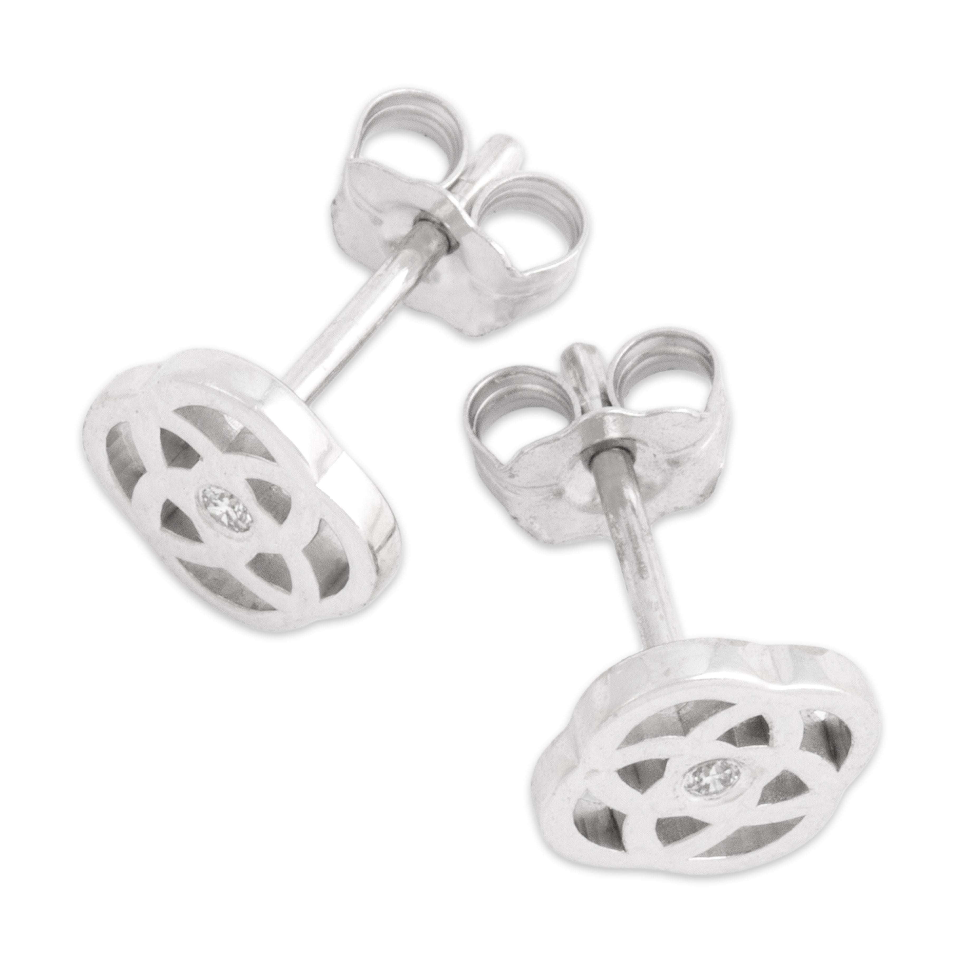 Estate Small 18k White Gold Diamond Gleaming Quatrefoil Knot Stud Earrings - Overall view
