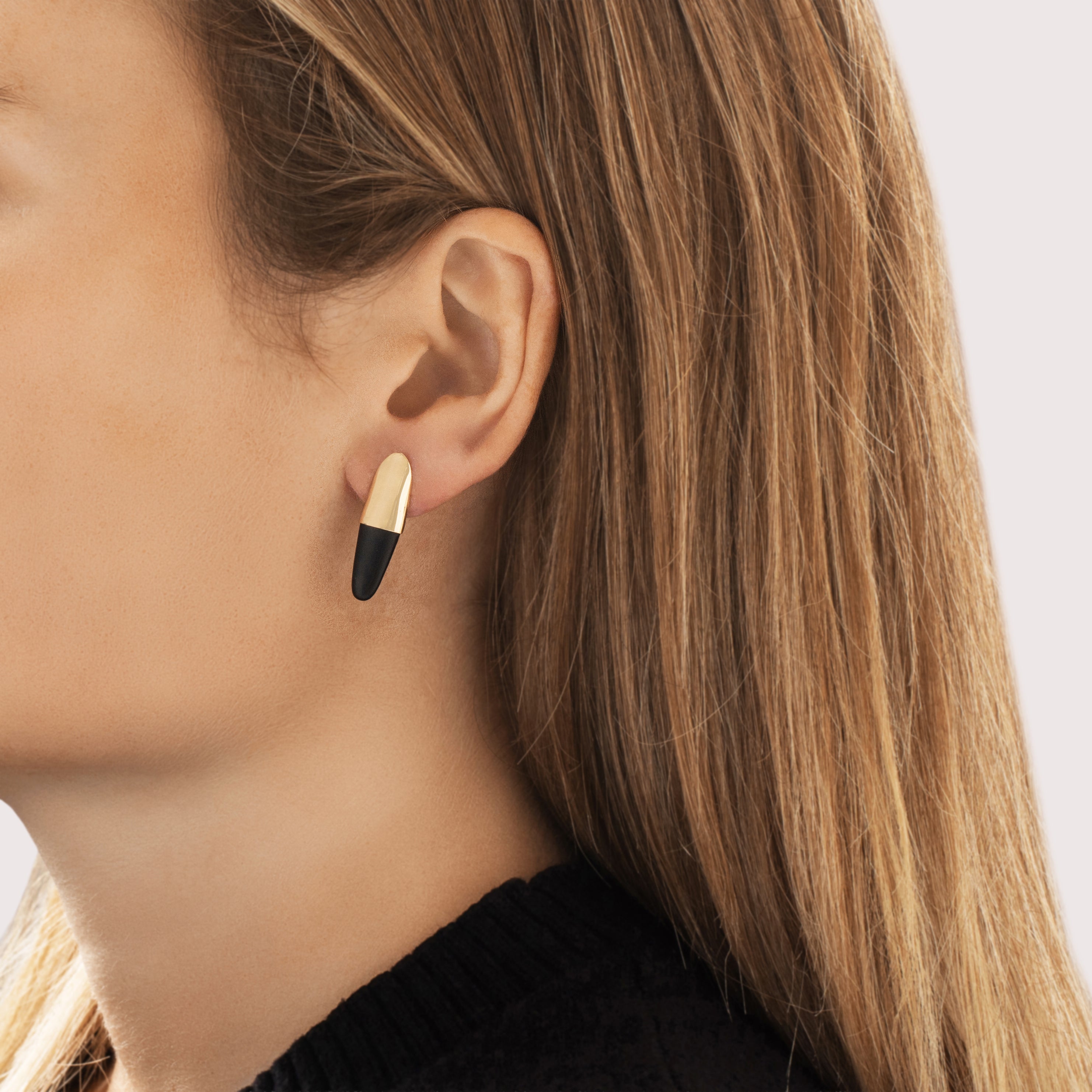 Vintage 14k Yellow Gold Jet Sleek Modern Stud Dangle Earrings - On model view