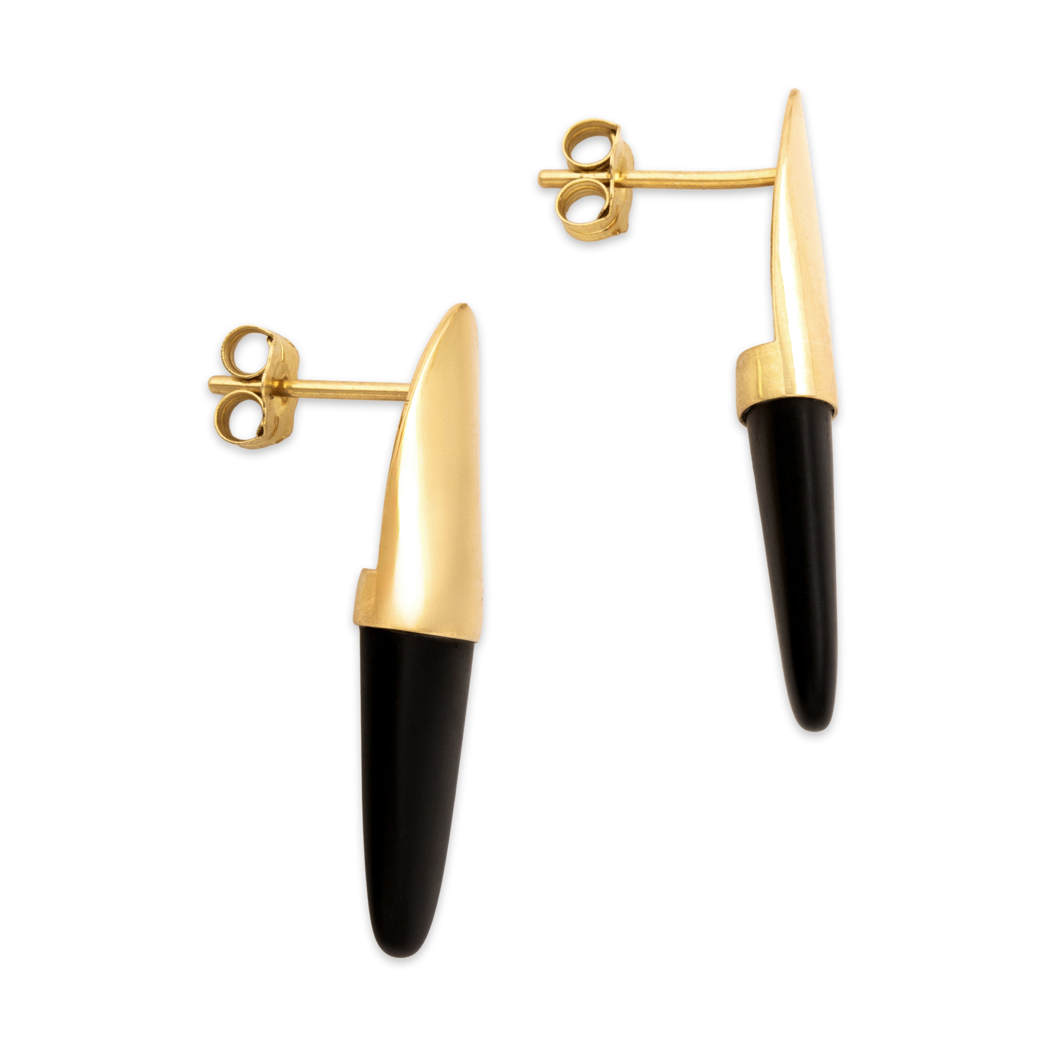 Vintage 14k Yellow Gold Jet Sleek Modern Stud Dangle Earrings