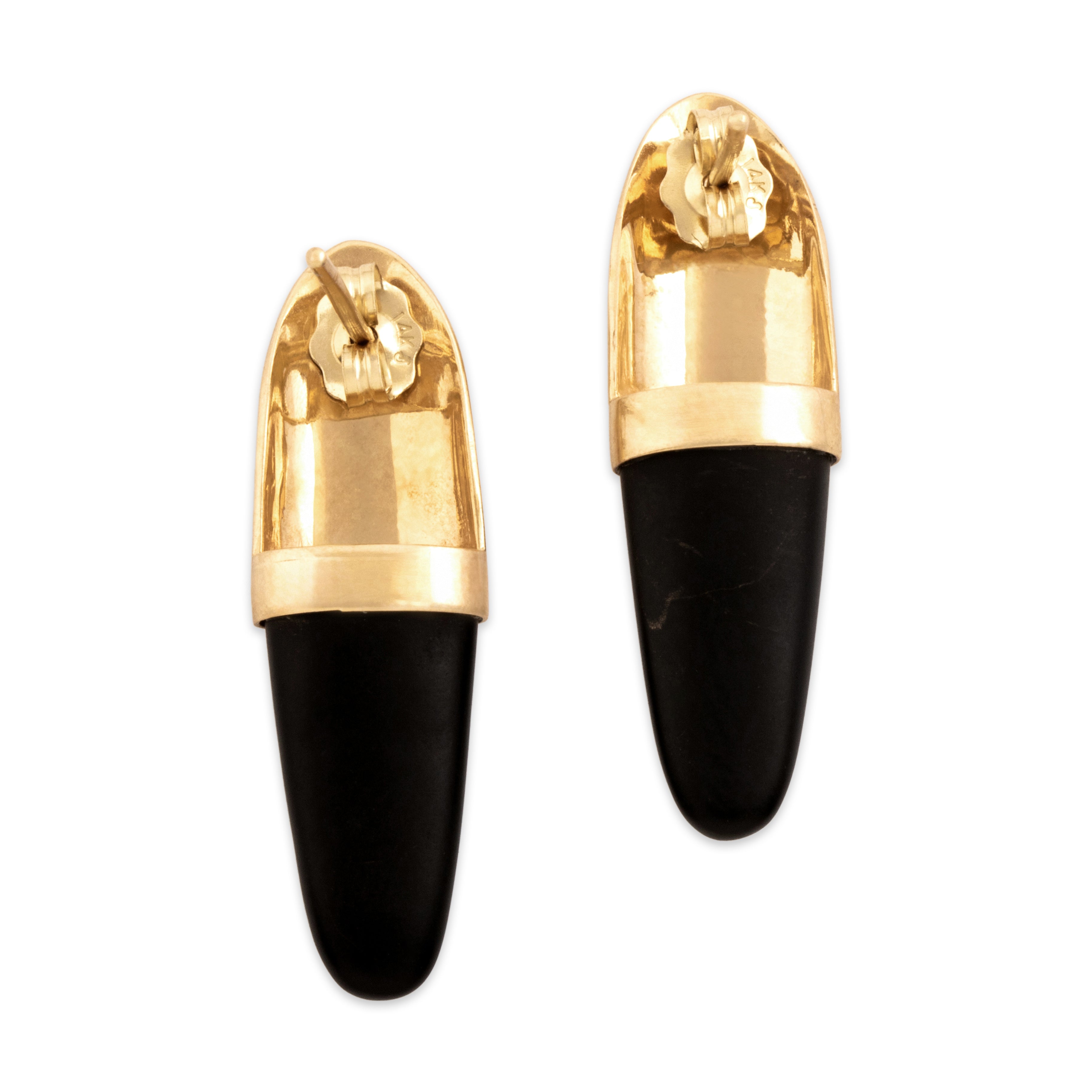 Vintage 14k Yellow Gold Jet Sleek Modern Stud Dangle Earrings
