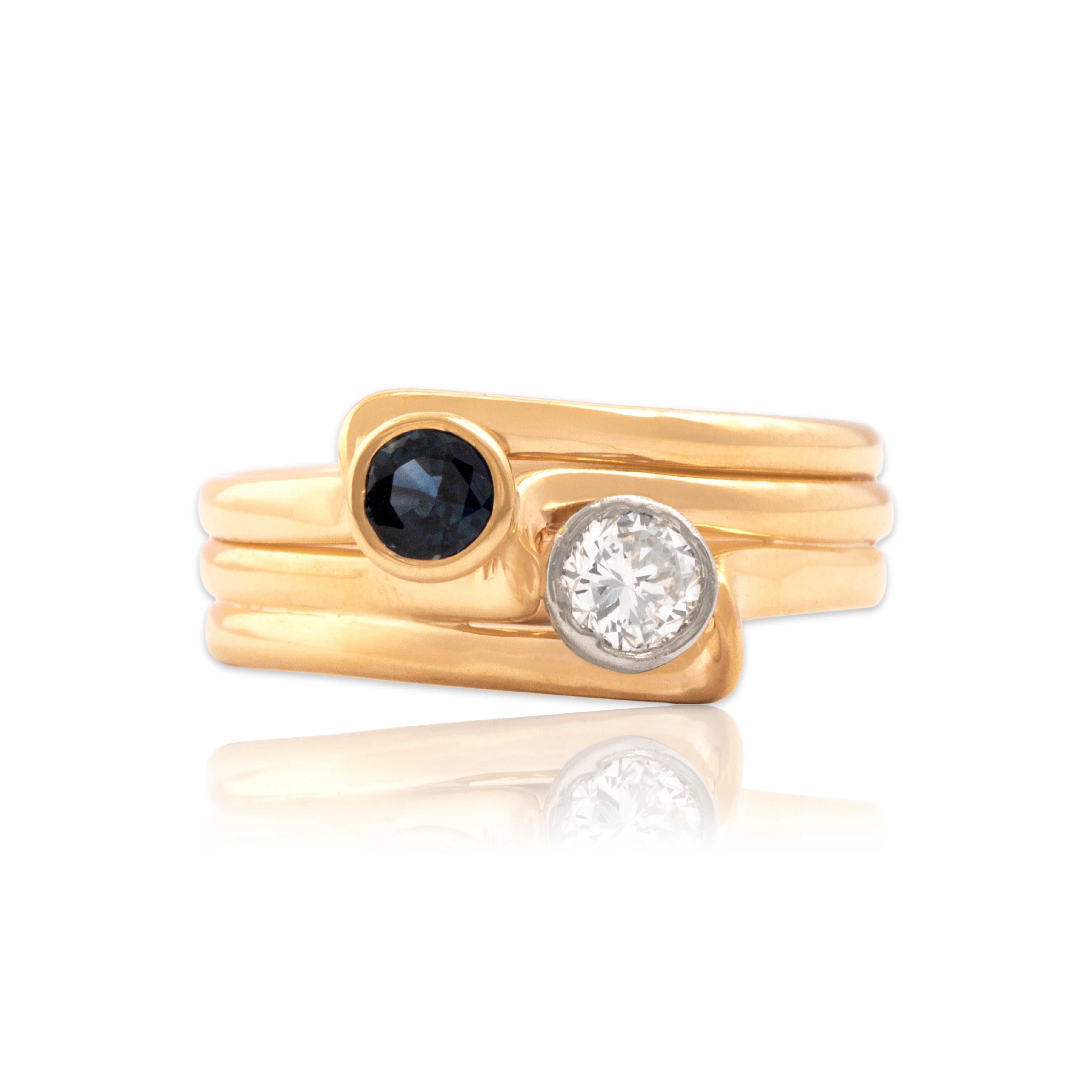 Vintage 14k Yellow Gold & Platinum Blue Sapphire Diamond Triple Band Ring 4.50