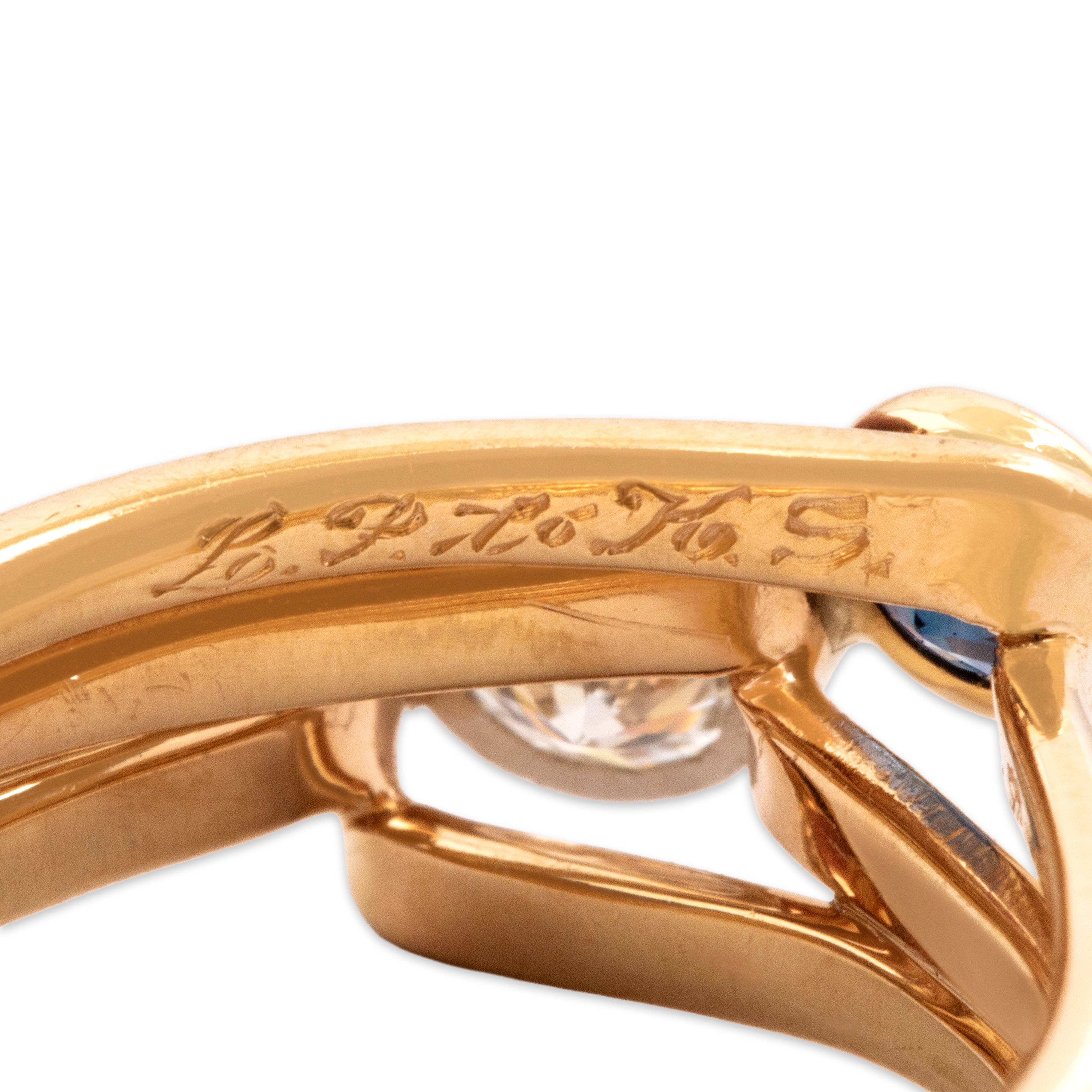 Vintage 14k Yellow Gold & Platinum Blue Sapphire Diamond Triple Band Bezel-Set Duo Ring - Hallmark view