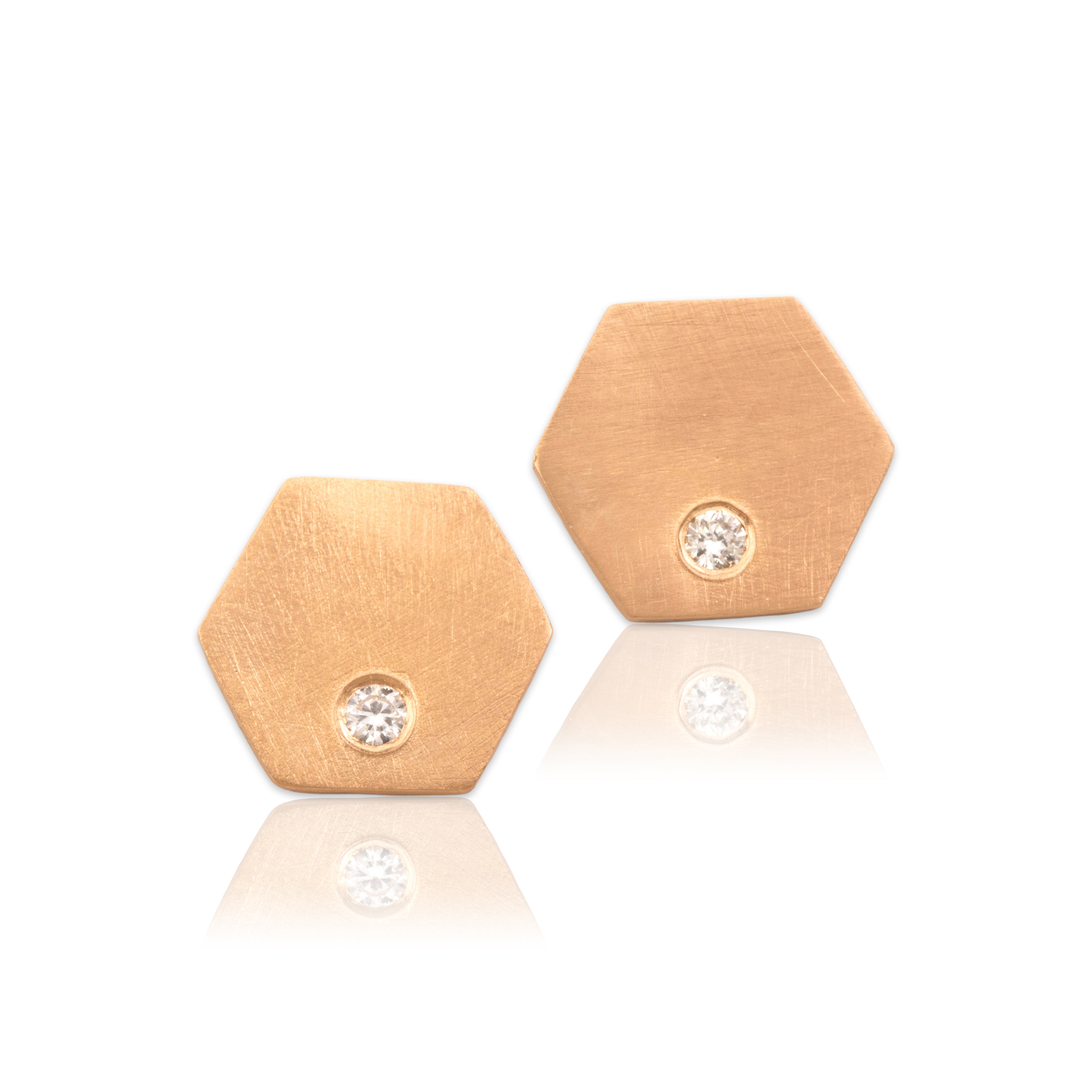 Estate Lightweight 14k Rose Gold Diamond Brushed Hexagon Sparkle Stud Earrings - Close-up view