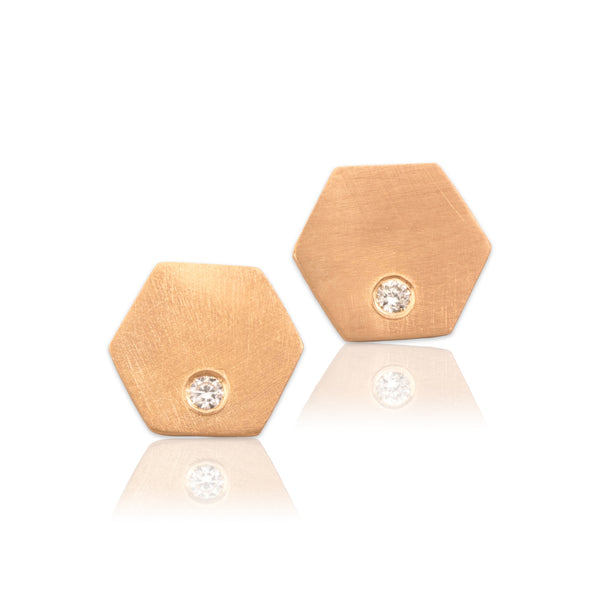 Estate Lightweight 14k Rose Gold Diamond Brushed Hexagon Sparkle Stud Earrings - Close-up view