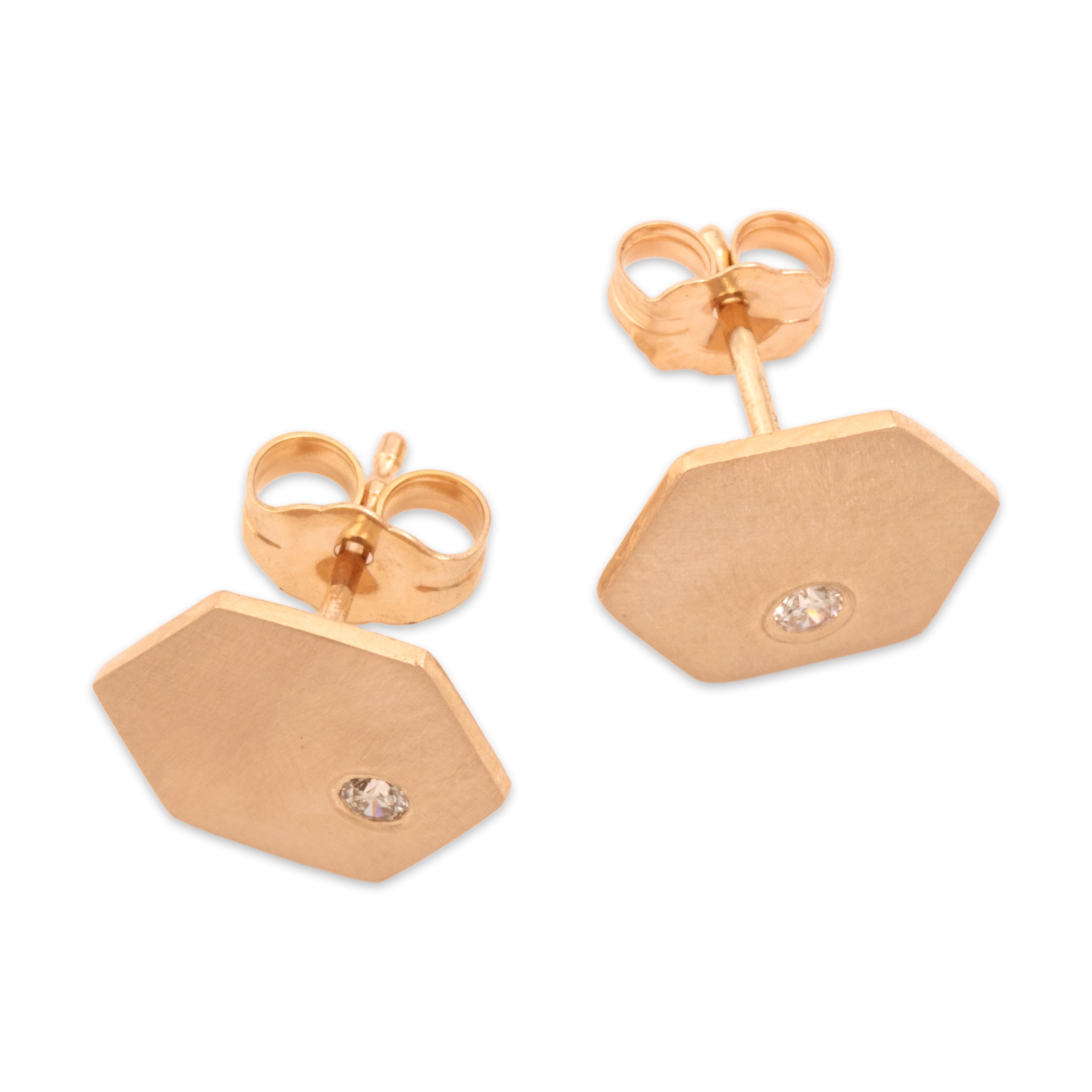 Estate Lightweight 14k Rose Gold Diamond Brushed Hexagon Sparkle Stud Earrings - Overall view
