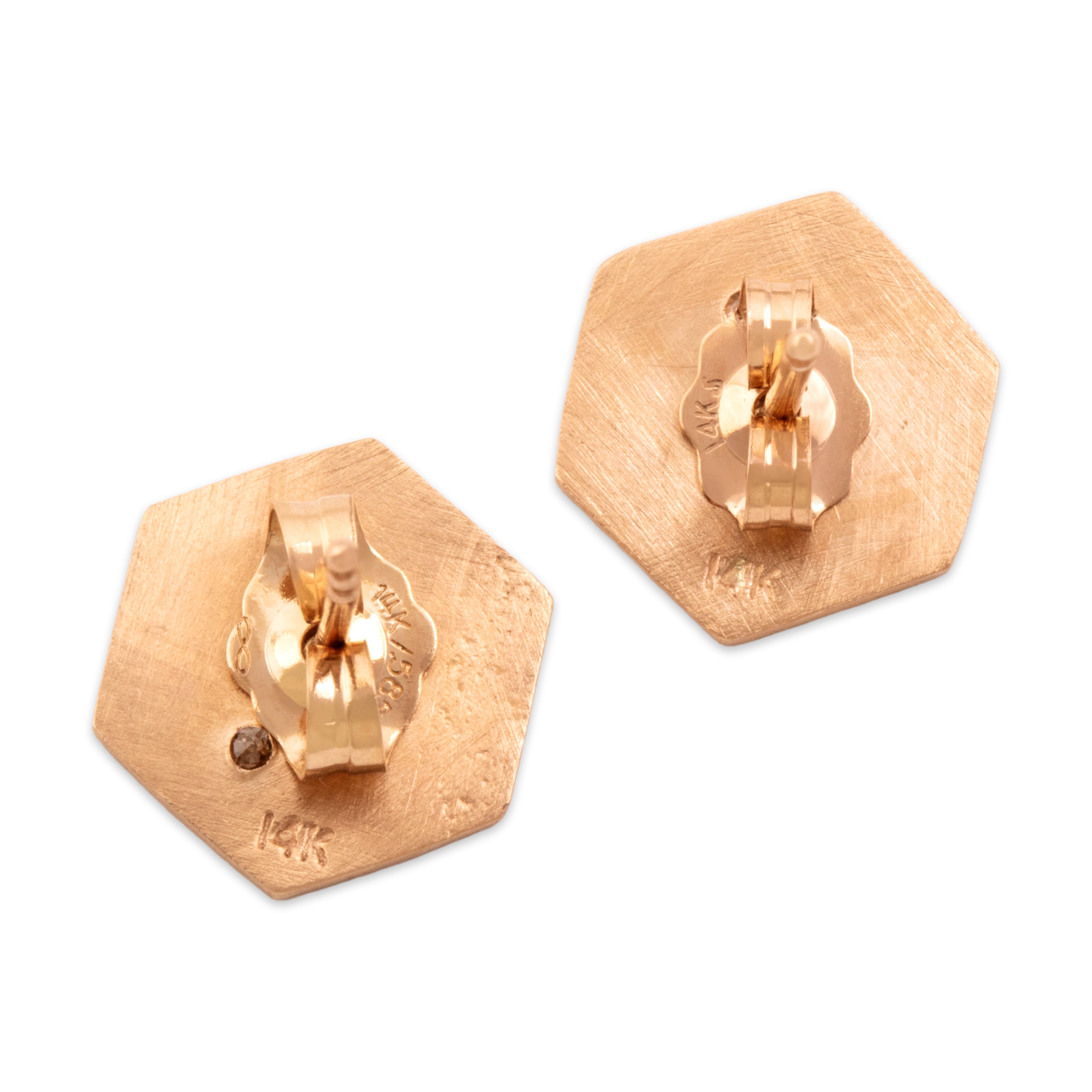 Estate Lightweight 14k Rose Gold Diamond Brushed Hexagon Sparkle Stud Earrings - Back view