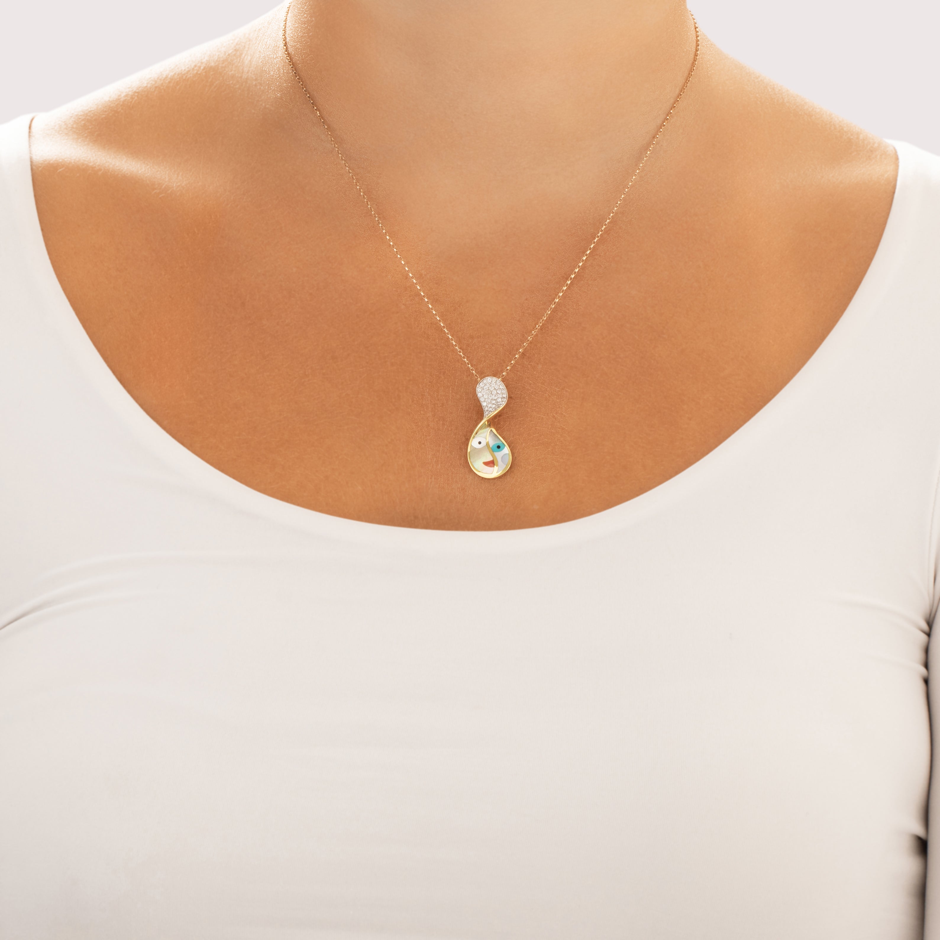 Vintage Asch Grossbardt 14k Yellow Gold [Custom Carat] Smiling Inlay Cubist Face Pendant - On model view