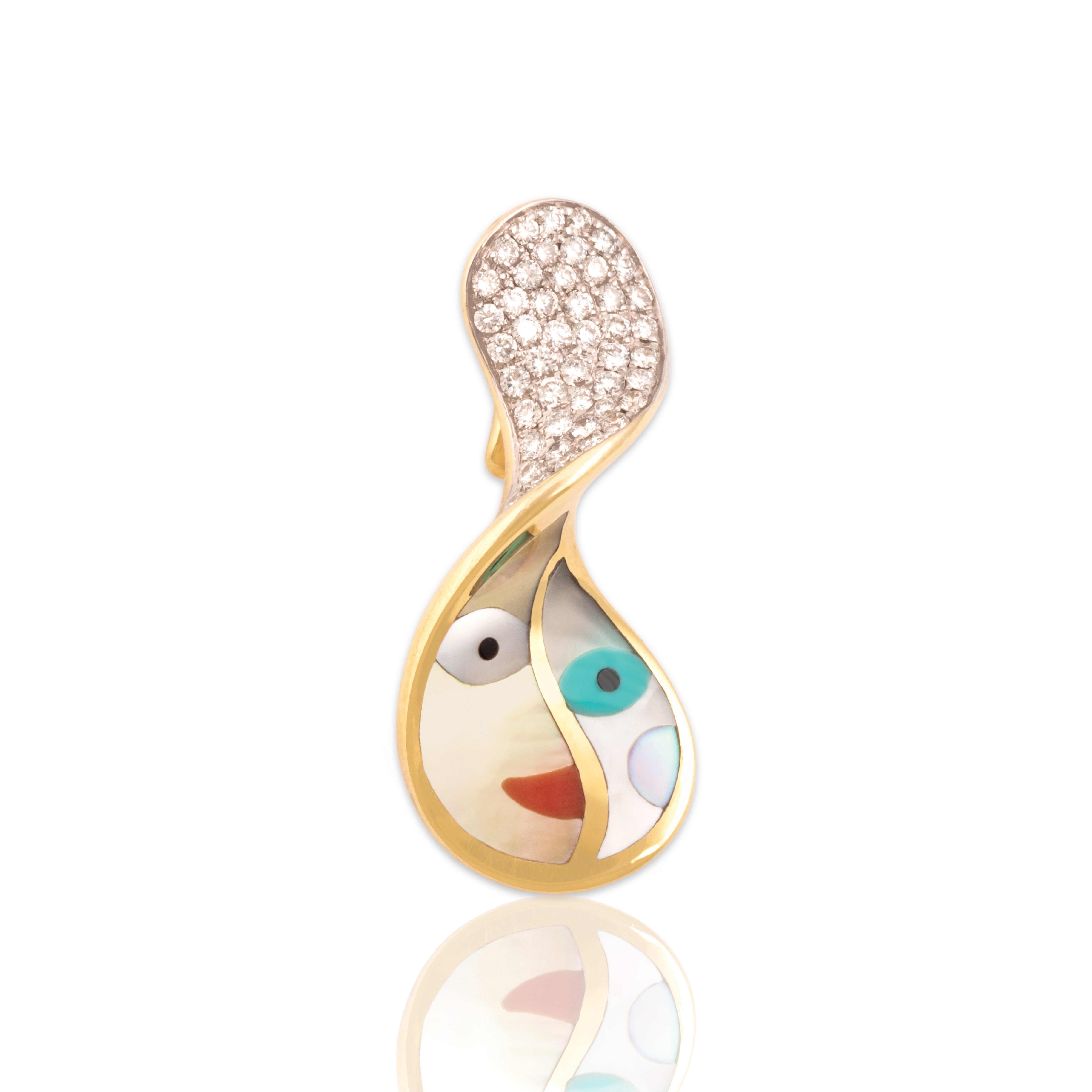 Vintage Asch Grossbardt 14k Yellow Gold [Custom Carat] Smiling Inlay Cubist Face Pendant - Close-up view