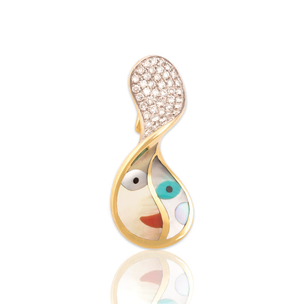 Vintage Asch Grossbardt 14k Yellow Gold Diamond Multi-Stone Inlay Cubist Pendant