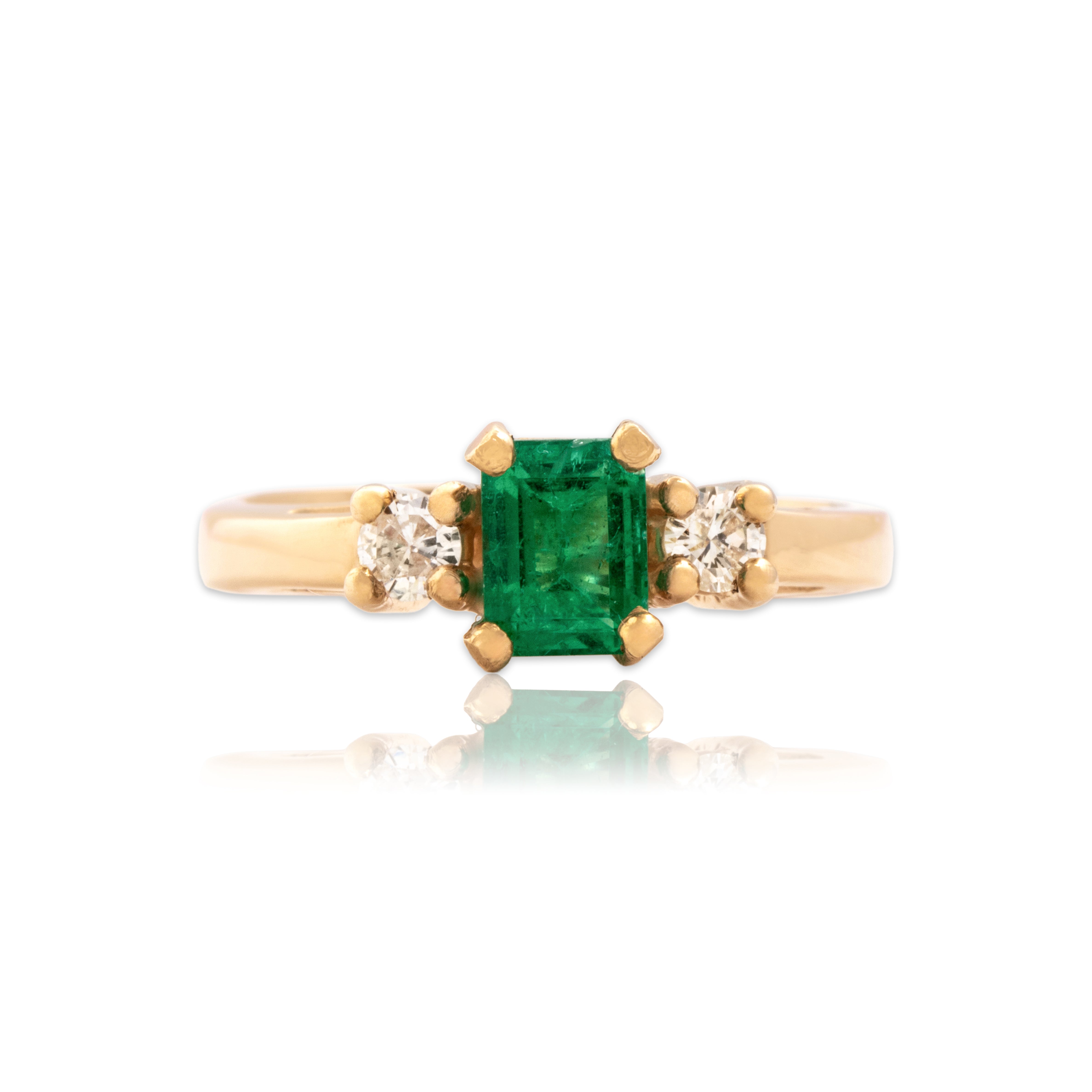 Vintage 14k Yellow Gold .57ct Emerald Diamond Sparkling Classic Trio Ring - Close-up view