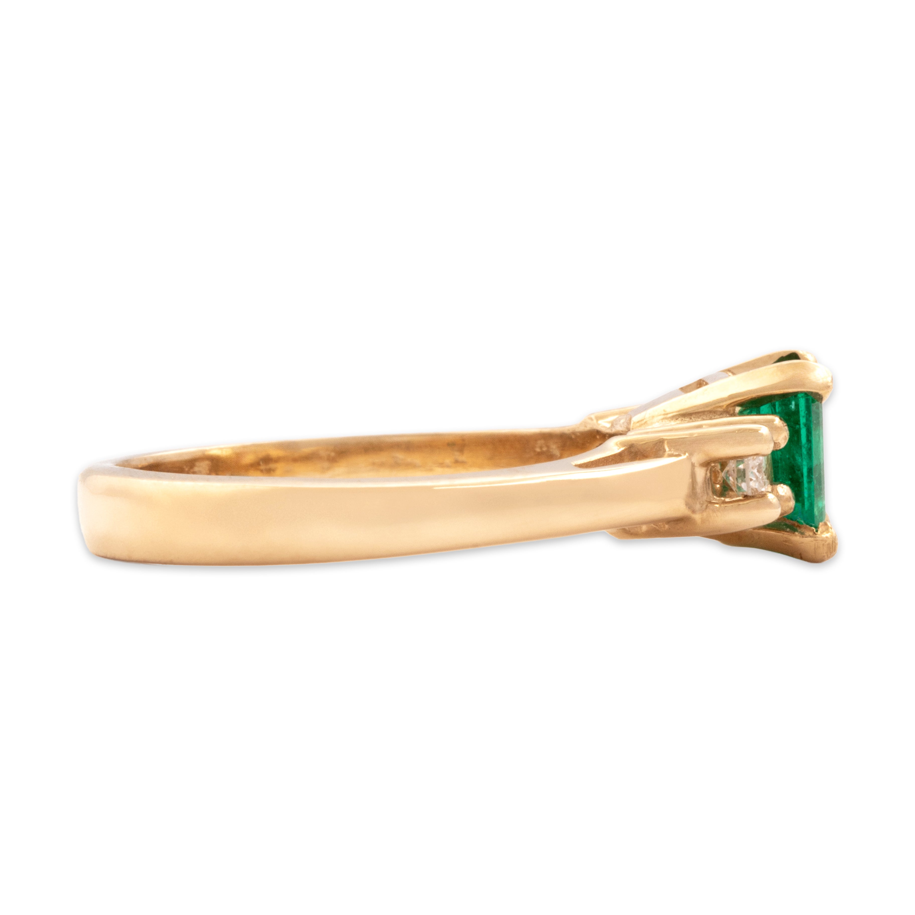 Vintage 14k Yellow Gold .57ct Emerald Diamond Sparkling Classic Trio Ring - Side view