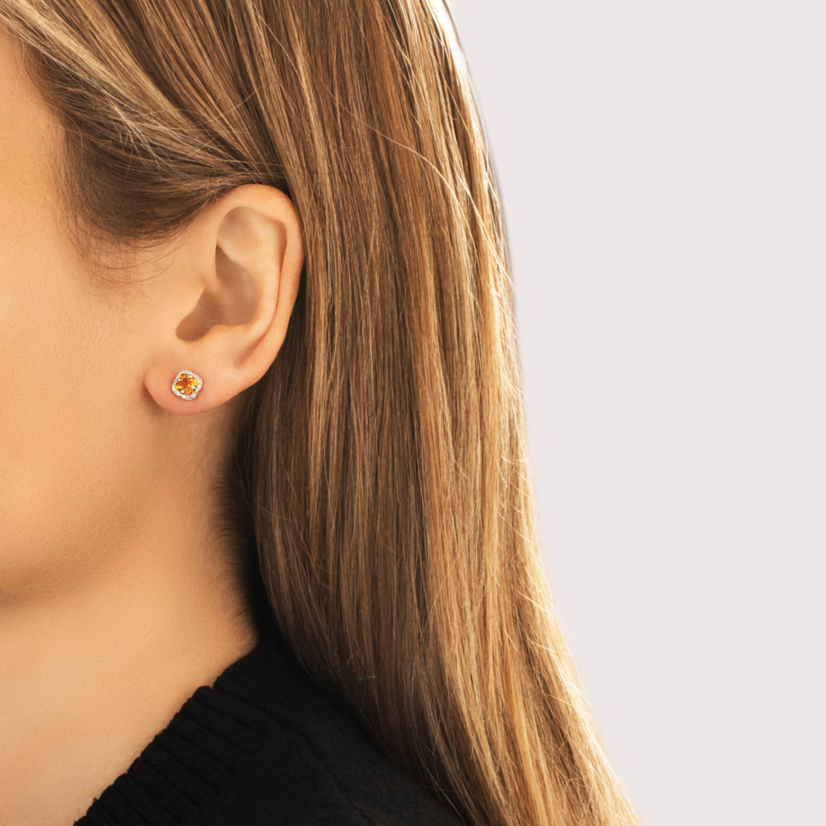 Vintage 14k White Gold 1.12cttw Citrine Diamond Halo Quatrefoil-Cut Stud Earrings - On model view