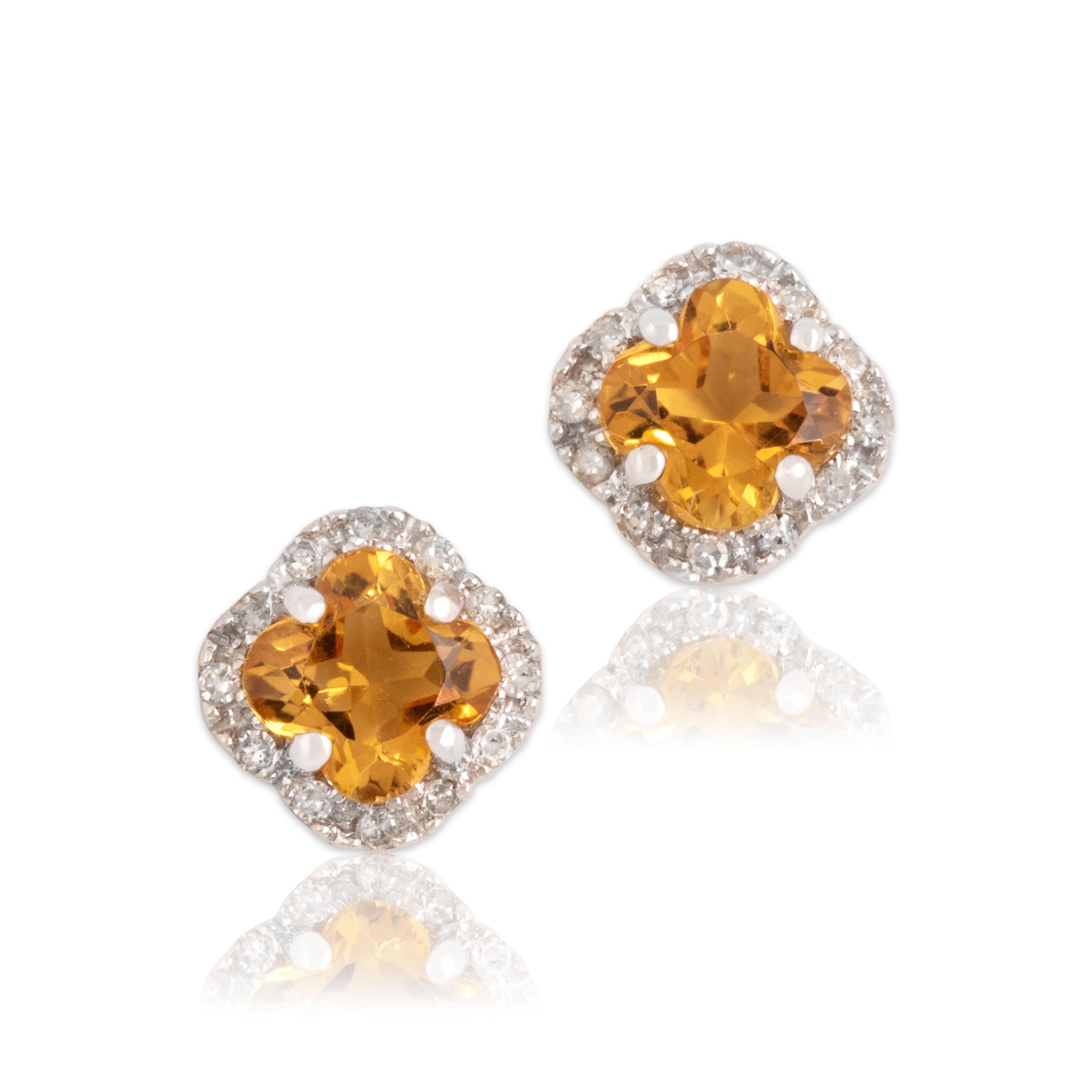 Vintage 14k White Gold 1.12cttw Citrine Diamond Halo Quatrefoil-Cut Stud Earrings - Close-up view