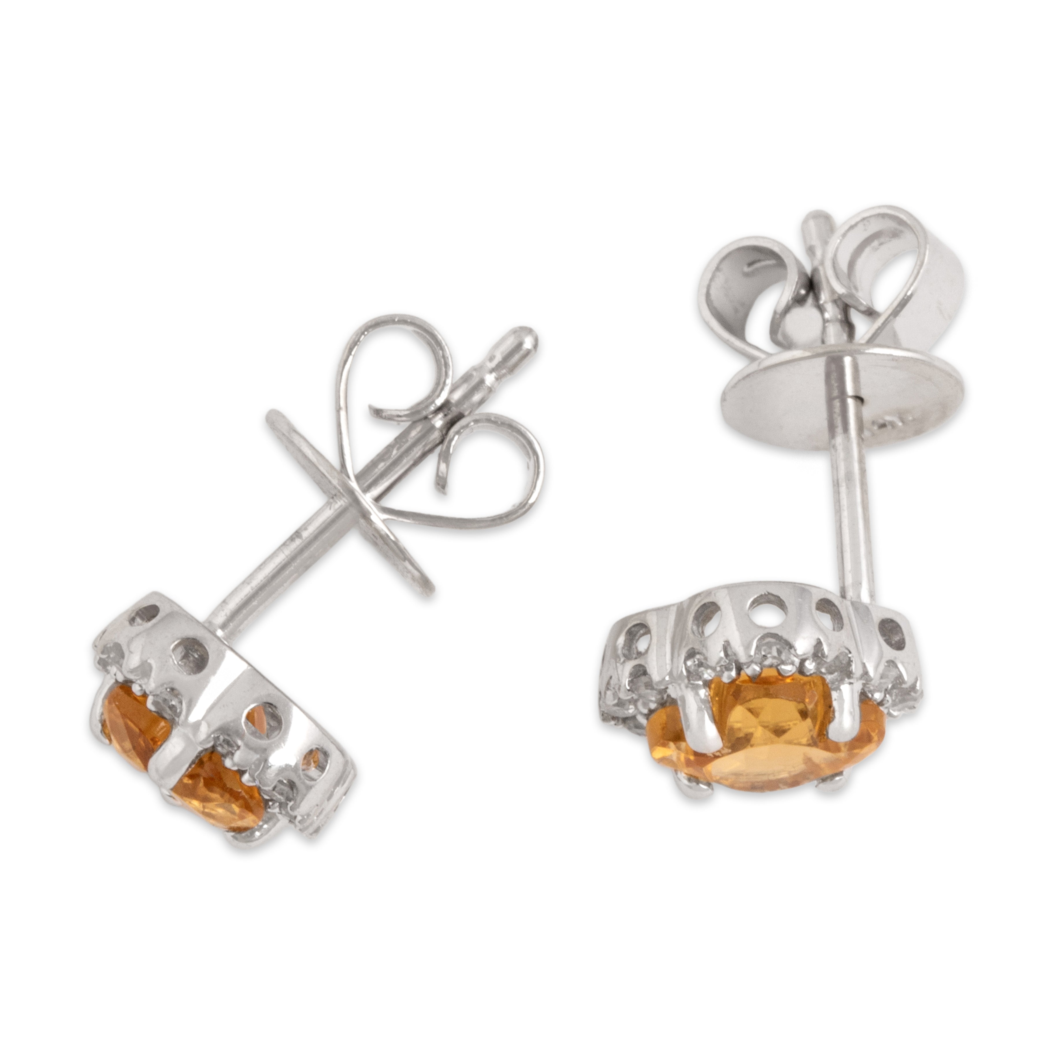 Vintage 14k White Gold 1.12cttw Citrine Diamond Halo Quatrefoil-Cut Stud Earrings - Overall view