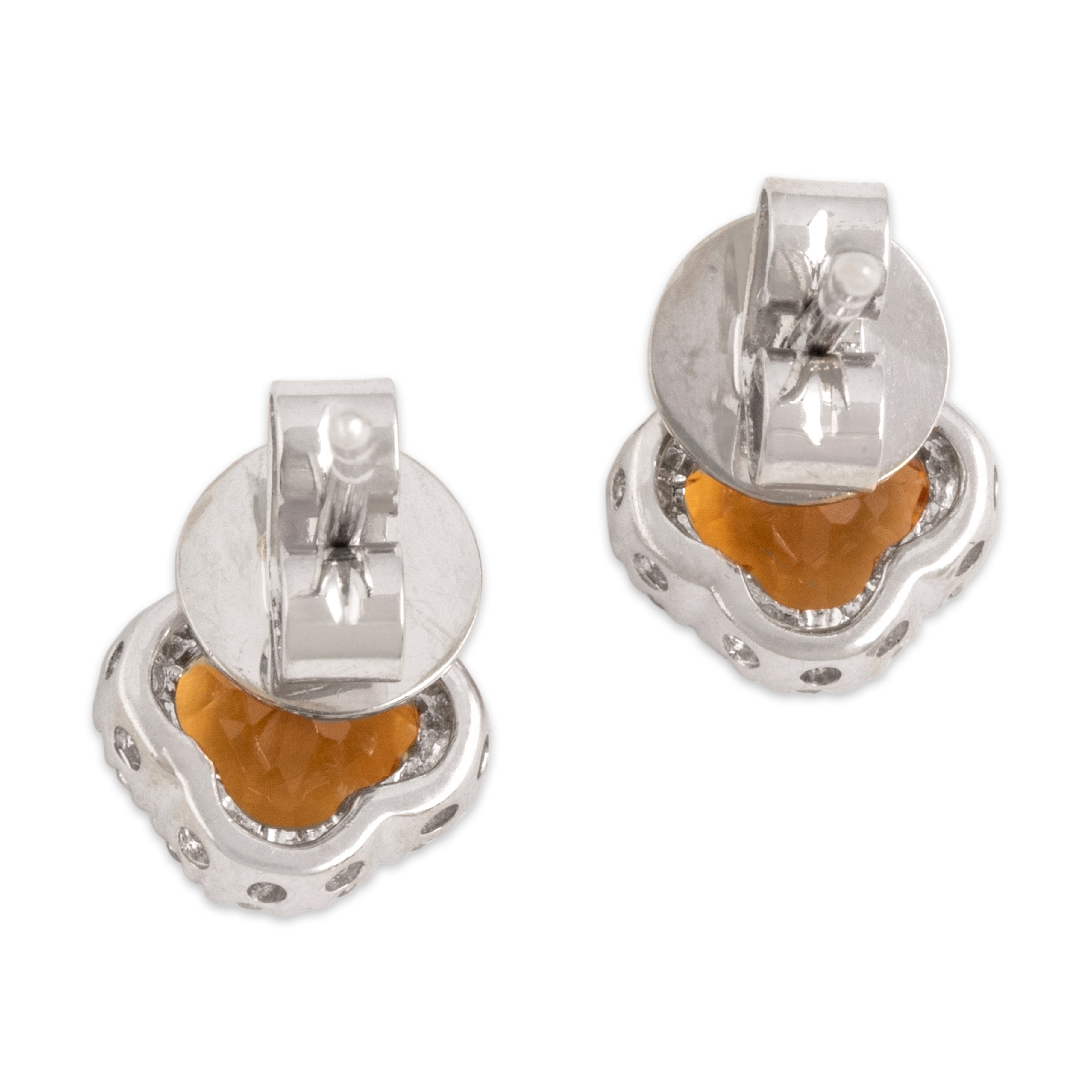Vintage 14k White Gold 1.12cttw Citrine Diamond Halo Quatrefoil-Cut Stud Earrings - Back view