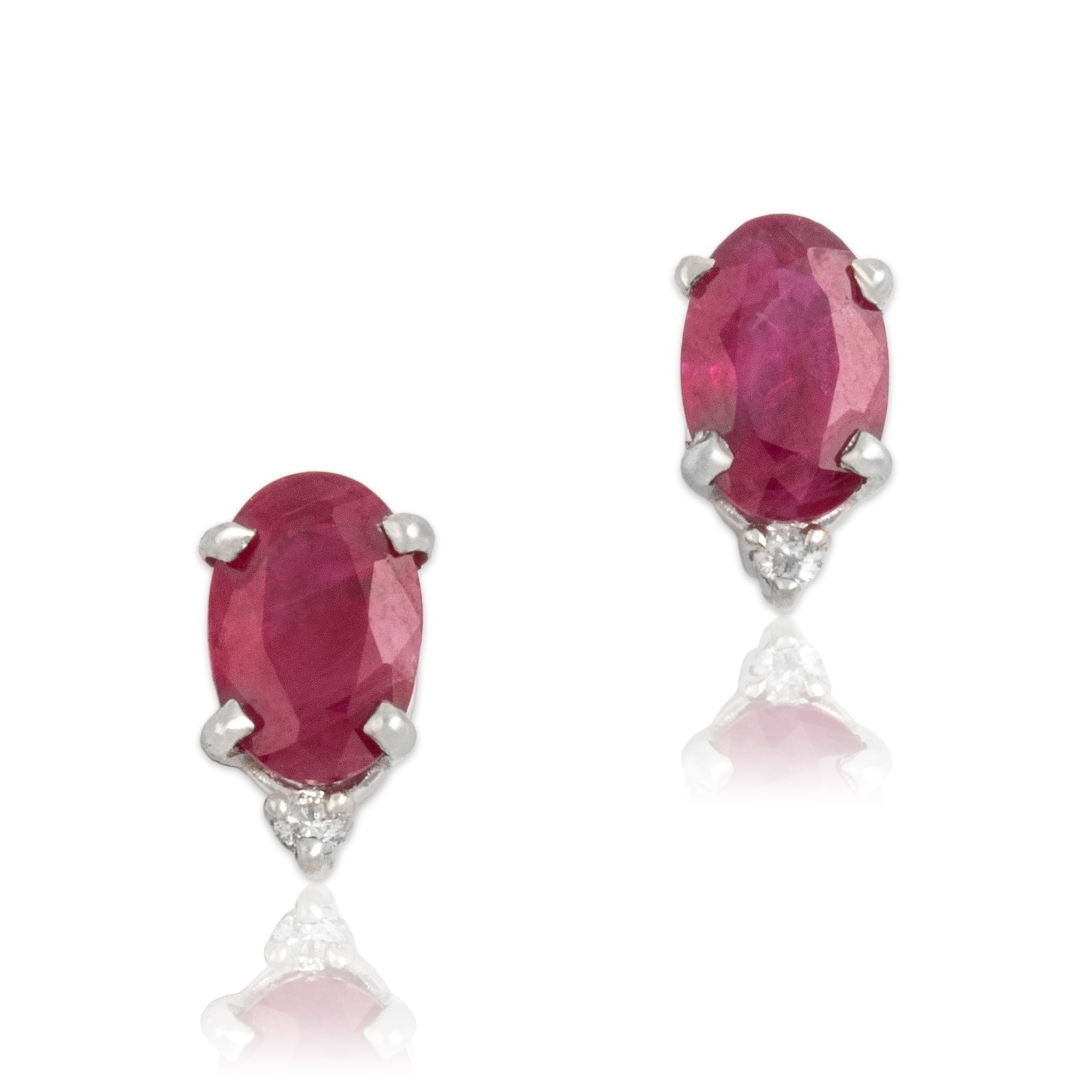 Vintage 14k White Gold .99cttw Ruby Diamond Bright Stacked Oval Stud Earrings - Close-up view