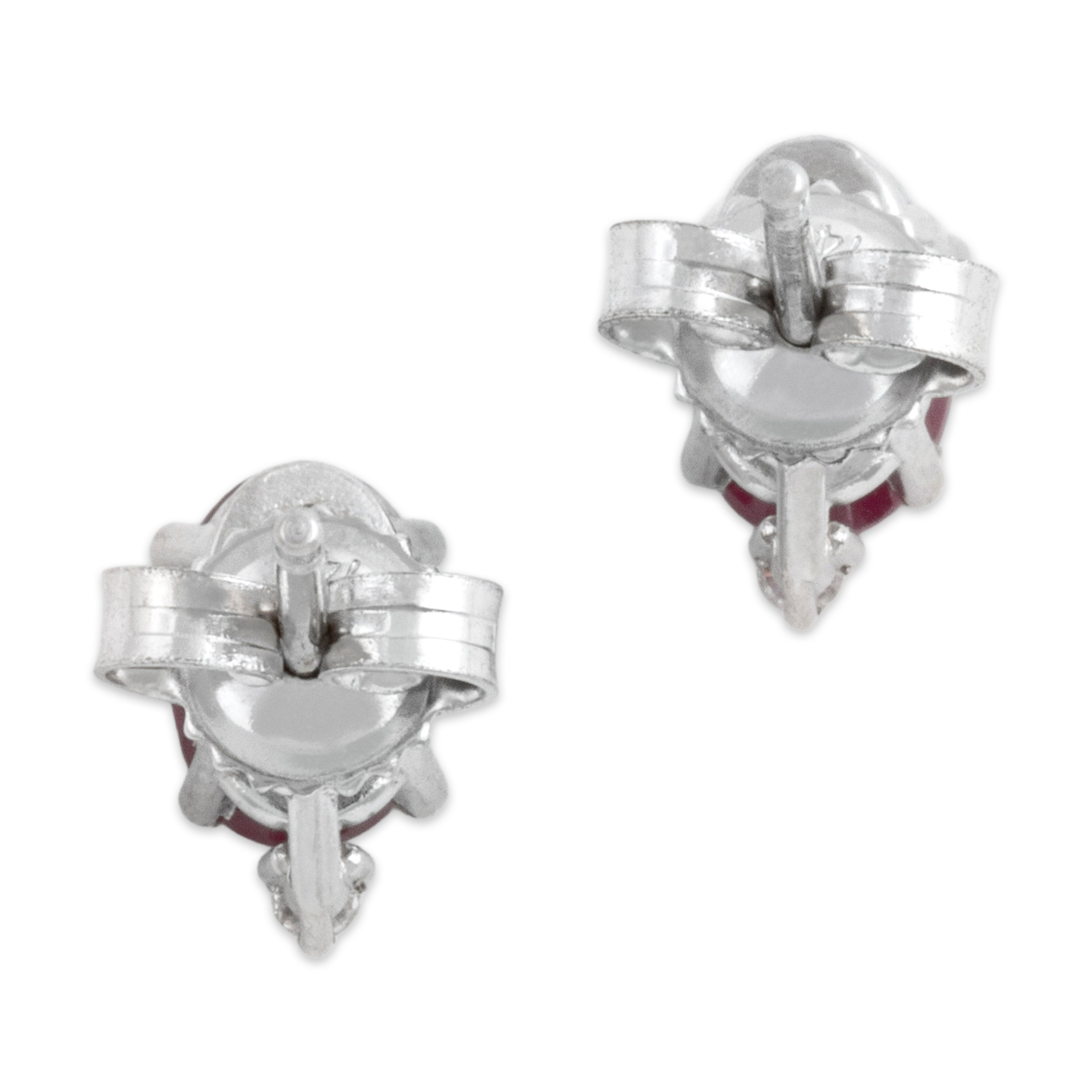 Vintage 14k White Gold .99cttw Ruby Diamond Bright Stacked Oval Stud Earrings - Back view