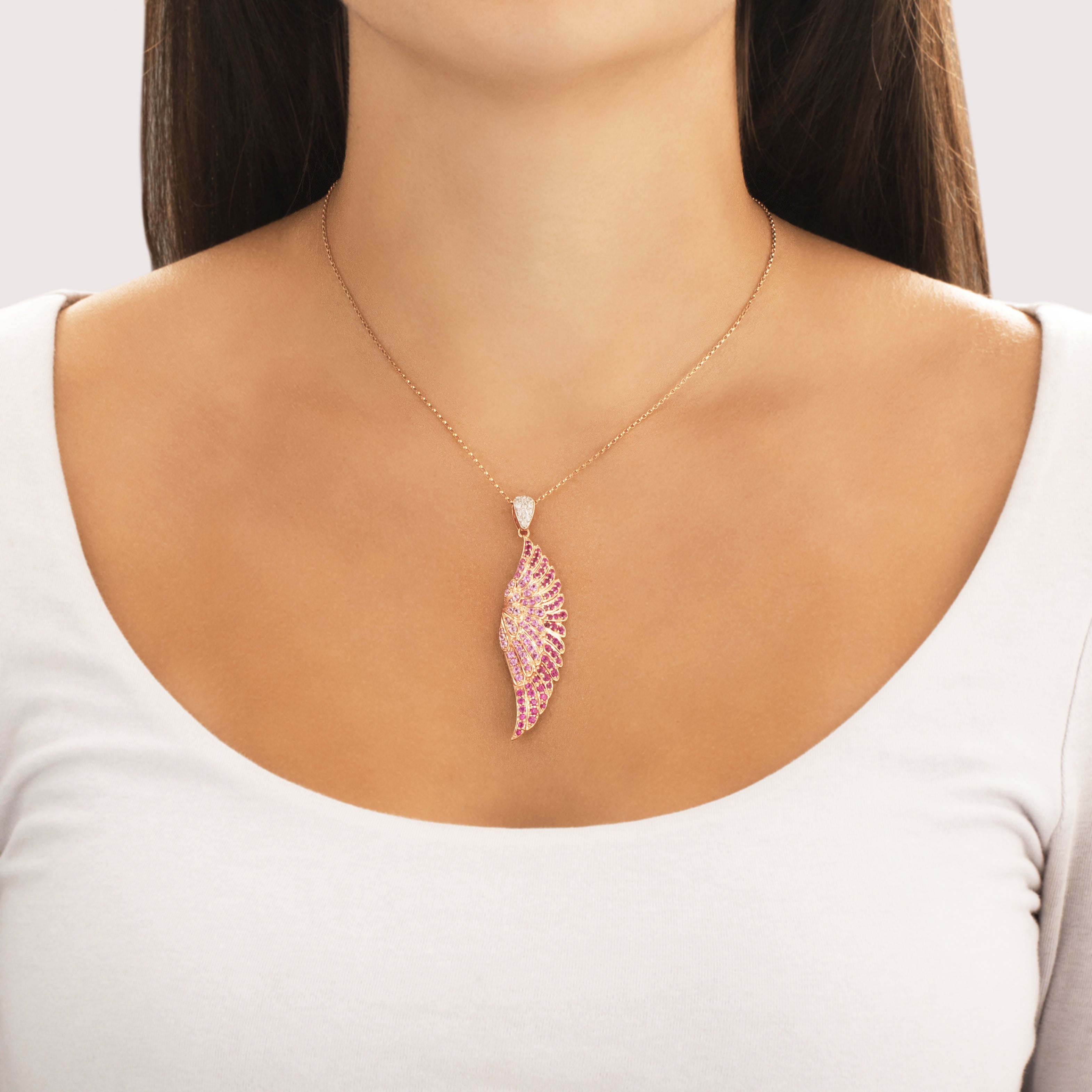 Vintage Large 14k Rose Gold 1.12cttw Ruby .89cttw Pink Sapphire Diamond Soaring Angelic Wing Pendant - On model view