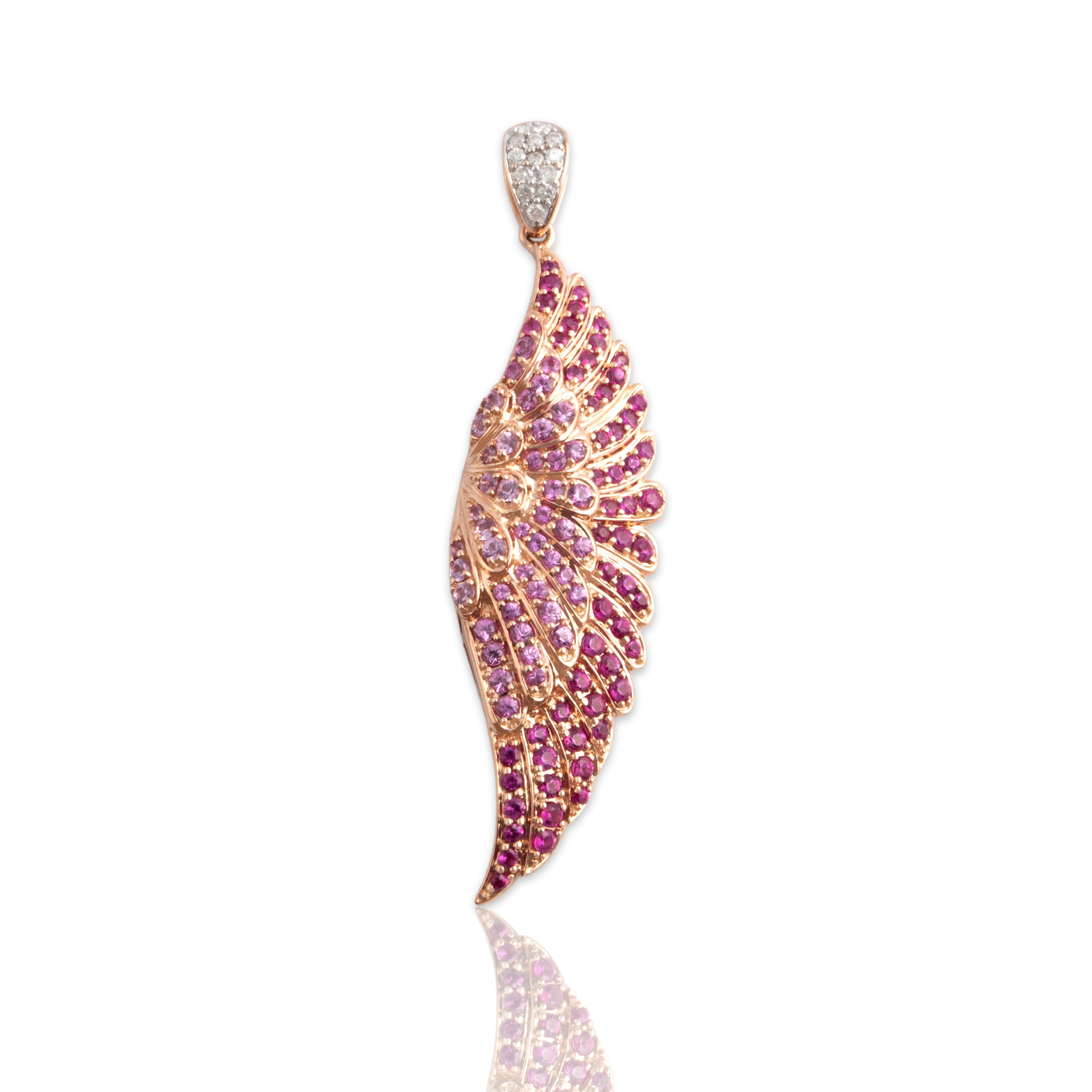 Vintage Large 14k Rose Gold 1.12cttw Ruby .89cttw Pink Sapphire Diamond Soaring Angelic Wing Pendant - Close-up view