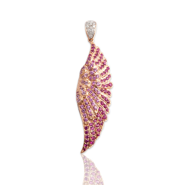 Vintage Large 14k Rose Gold 1.12cttw Ruby .89cttw Pink Sapphire Diamond Soaring Angelic Wing Pendant - Close-up view