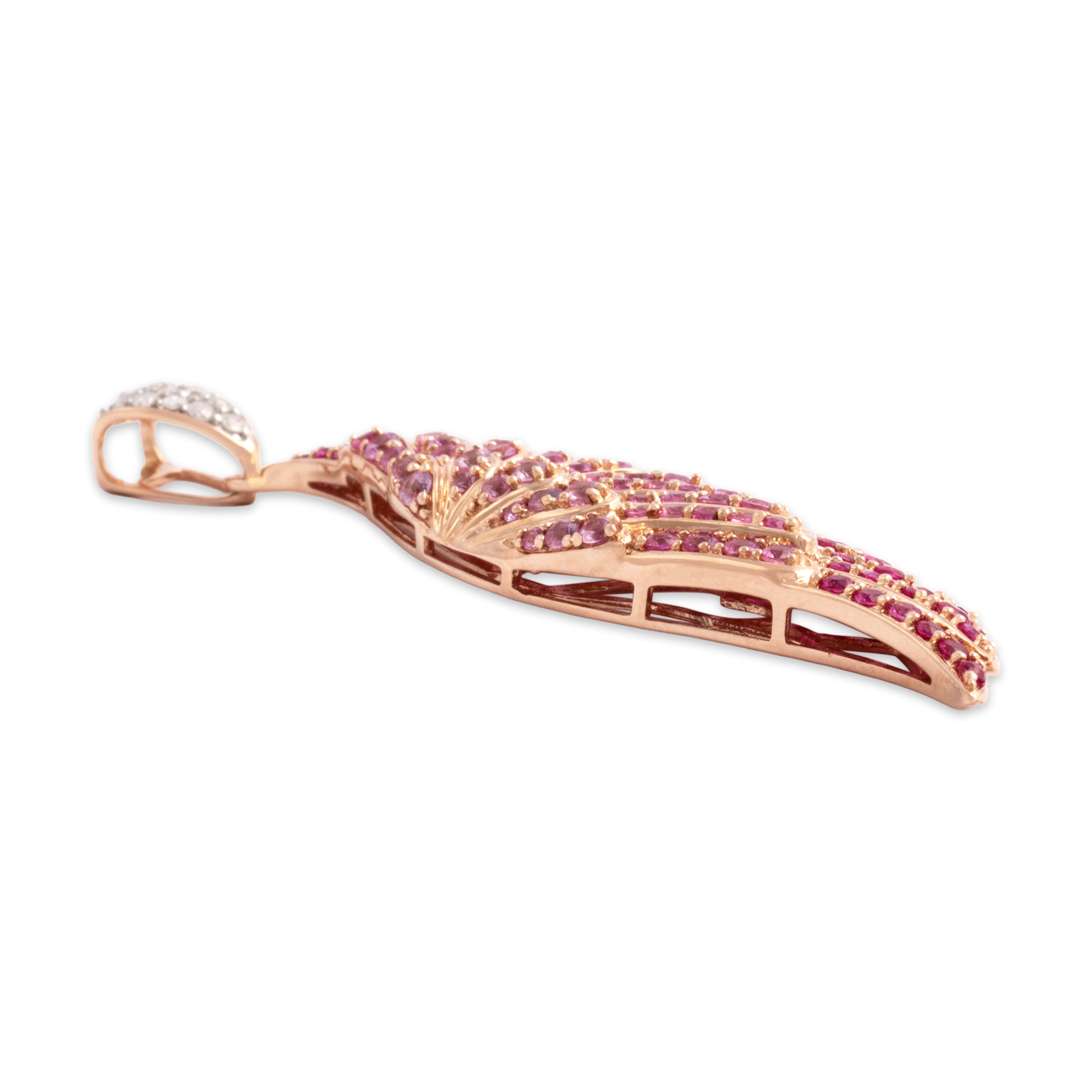 Vintage Large 14k Rose Gold 1.12cttw Ruby .89cttw Pink Sapphire Diamond Soaring Angelic Wing Pendant - Side view