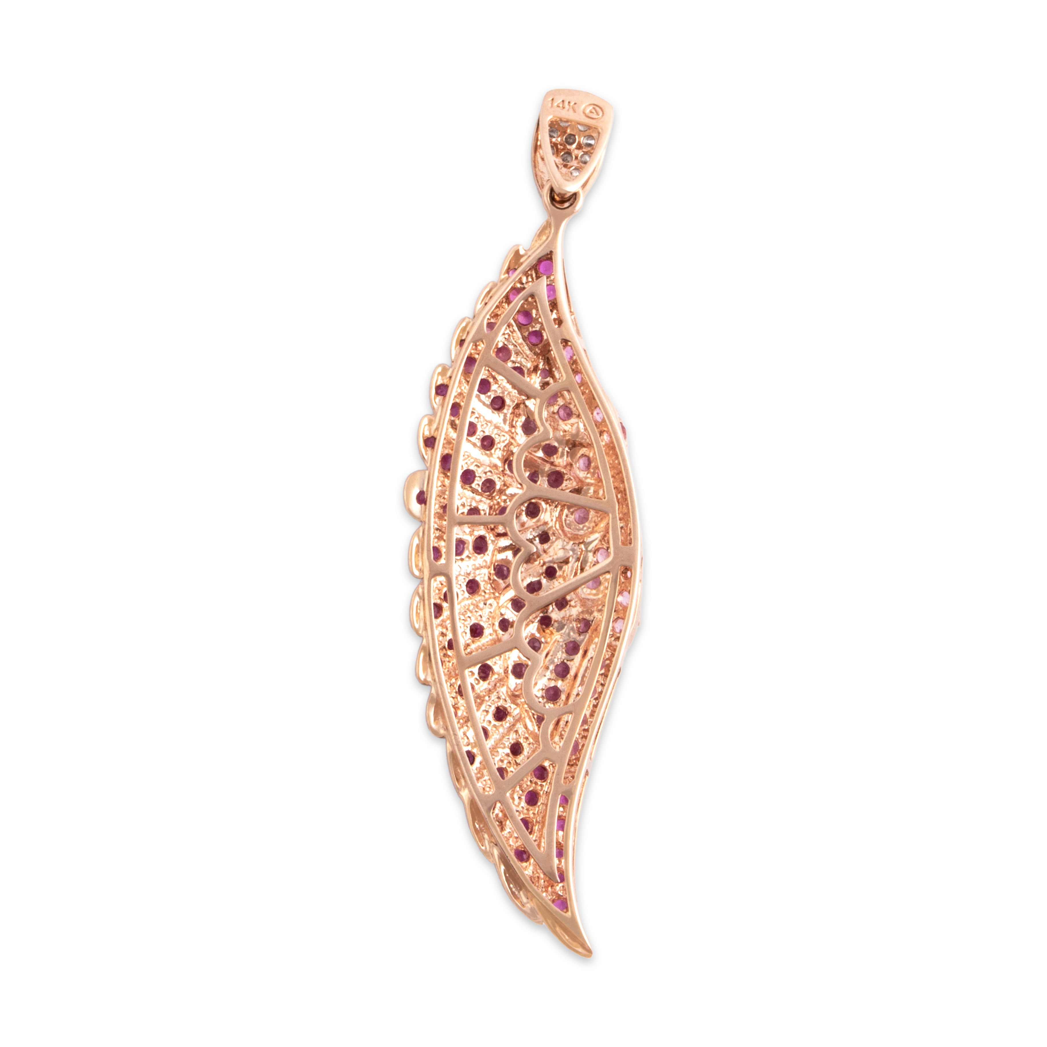 Vintage Large 14k Rose Gold 1.12cttw Ruby .89cttw Pink Sapphire Diamond Soaring Angelic Wing Pendant - Back view