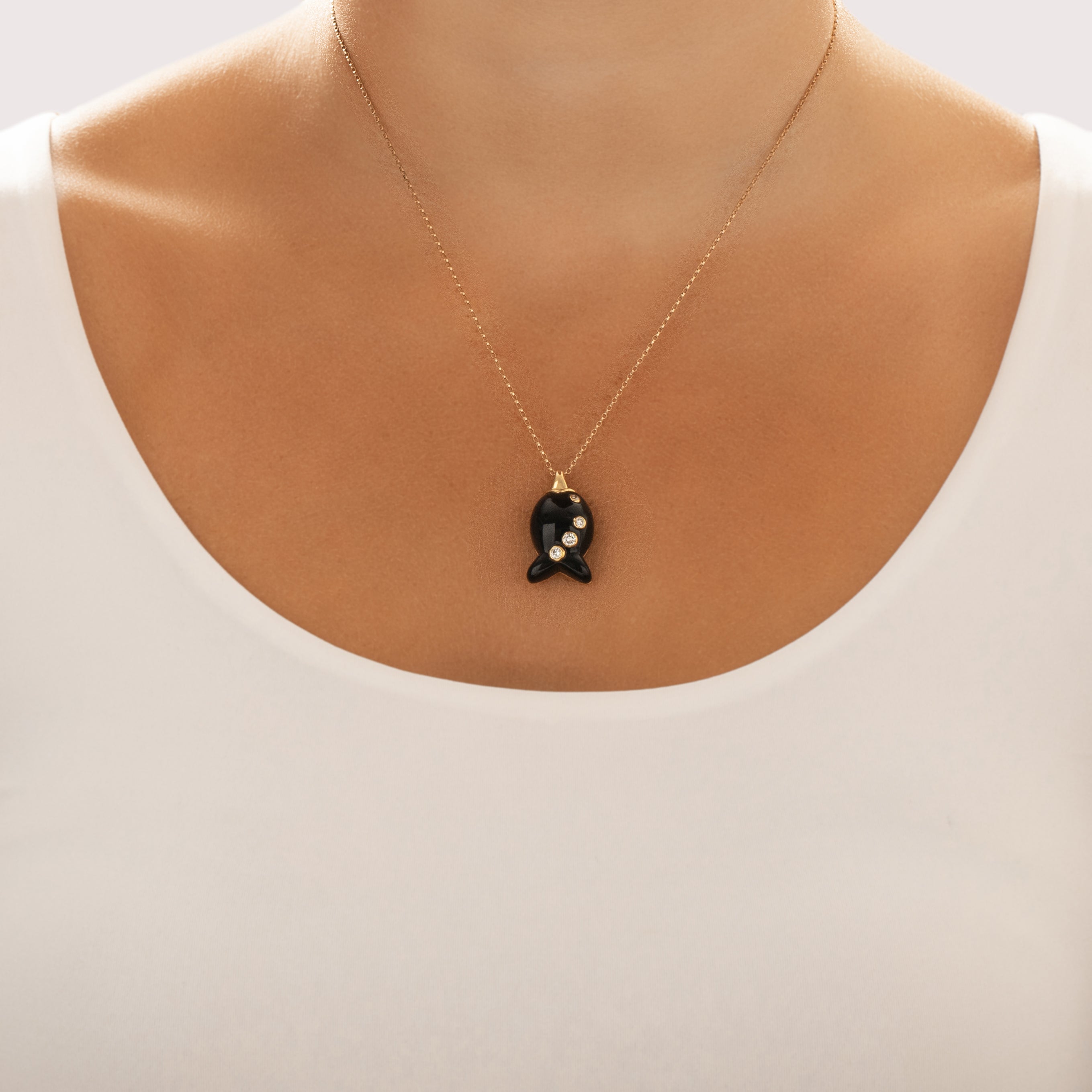 Vintage 18k Yellow Gold Onyx Diamond Bubbly Swimming Fish Pendant - On model view