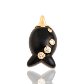 Vintage 18k Yellow Gold Onyx Diamond Bubbly Swimming Fish Pendant