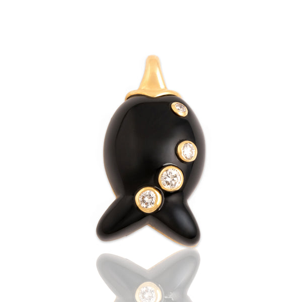 Vintage 18k Yellow Gold Onyx Diamond Bubbly Swimming Fish Pendant
