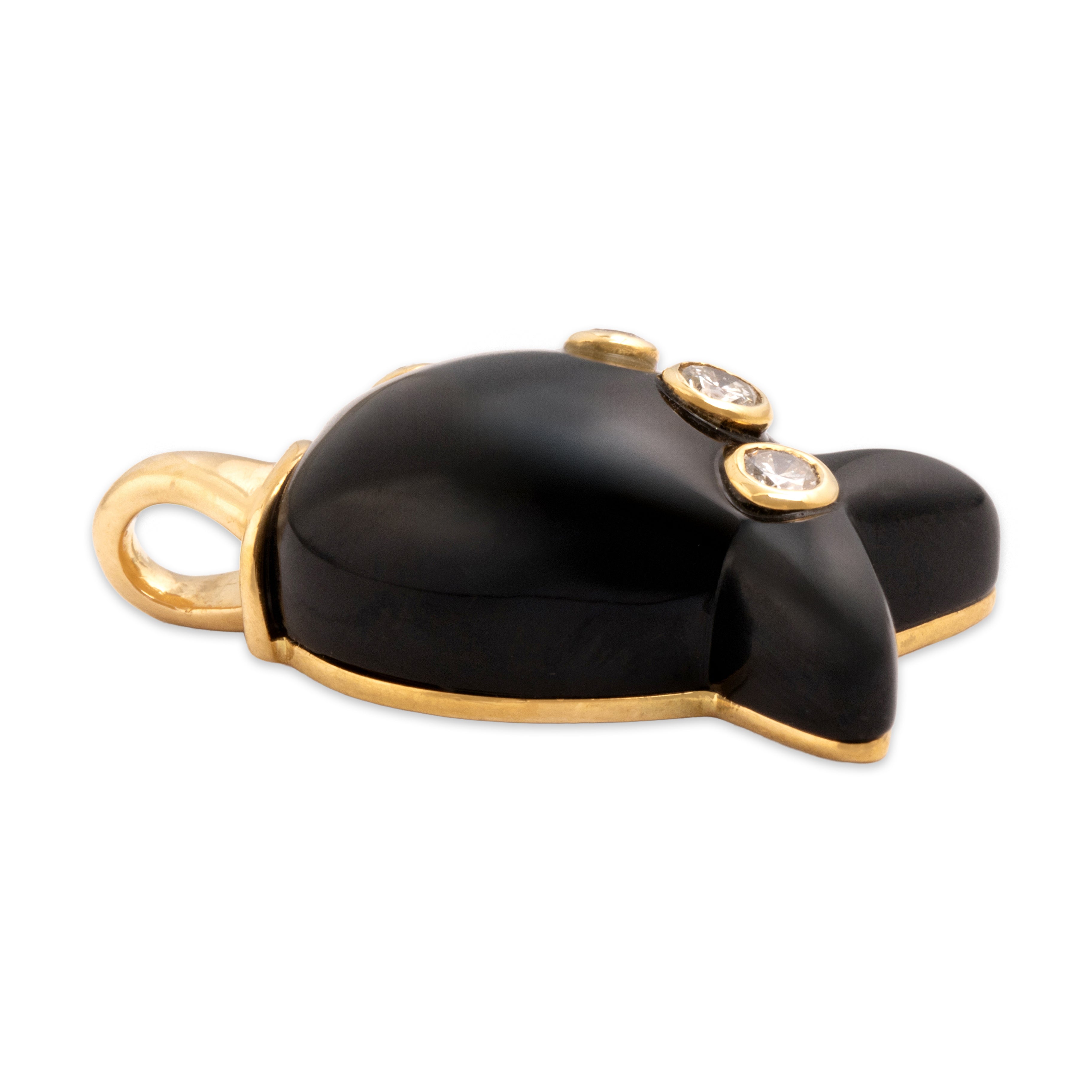 Vintage 18k Yellow Gold Onyx Diamond Bubbly Swimming Fish Pendant