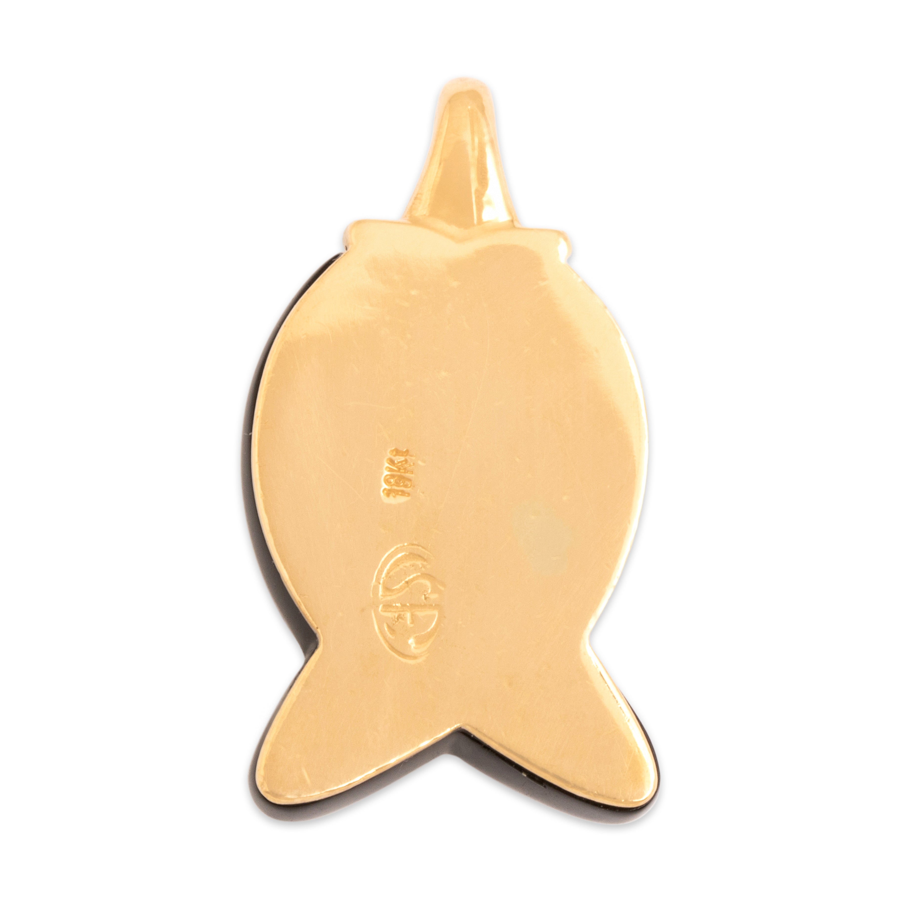 Vintage 18k Yellow Gold Onyx Diamond Bubbly Swimming Fish Pendant - Back view
