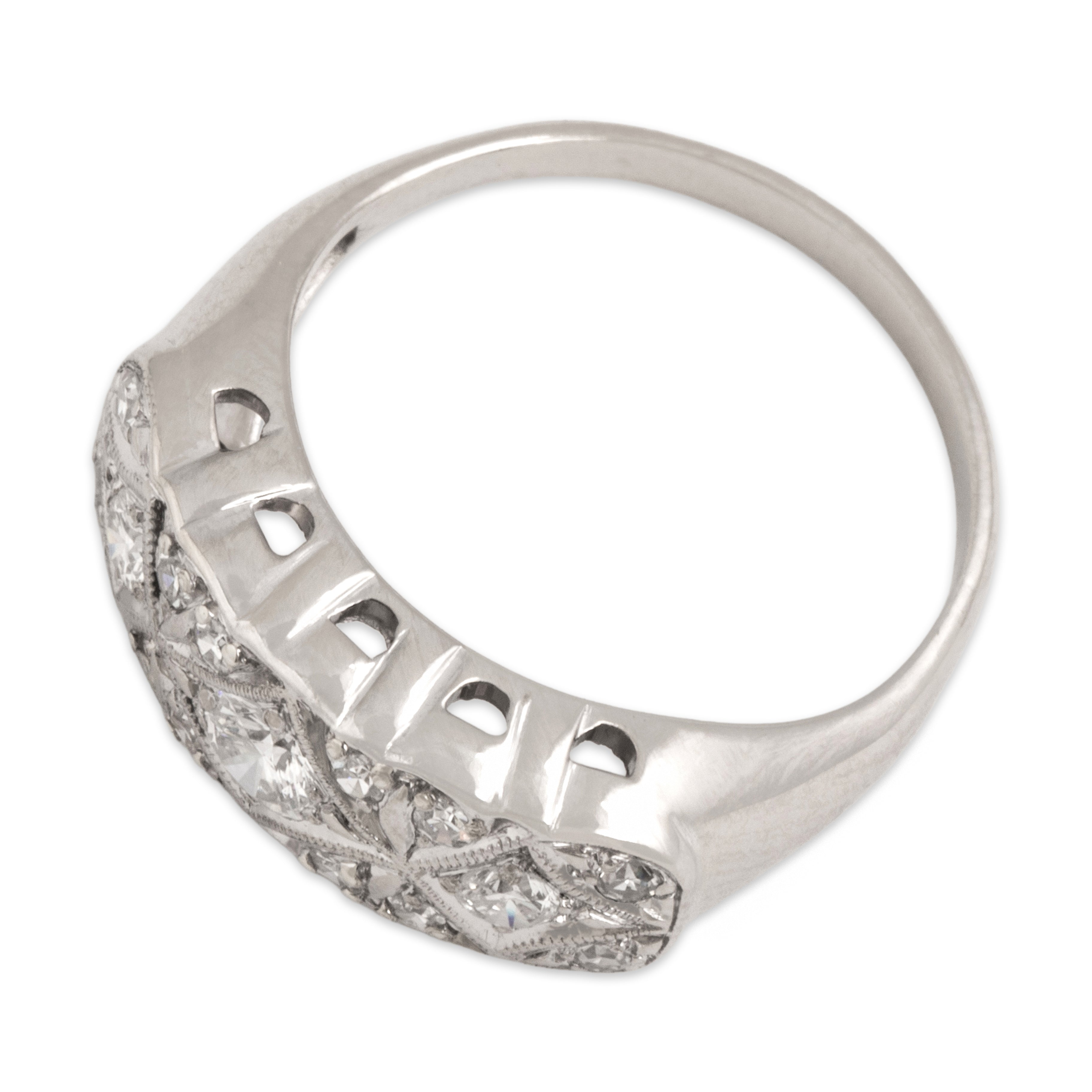 Vintage 14k White Gold Diamond Glittering Milgrain Detail Quilted Bar Ring - Overall view