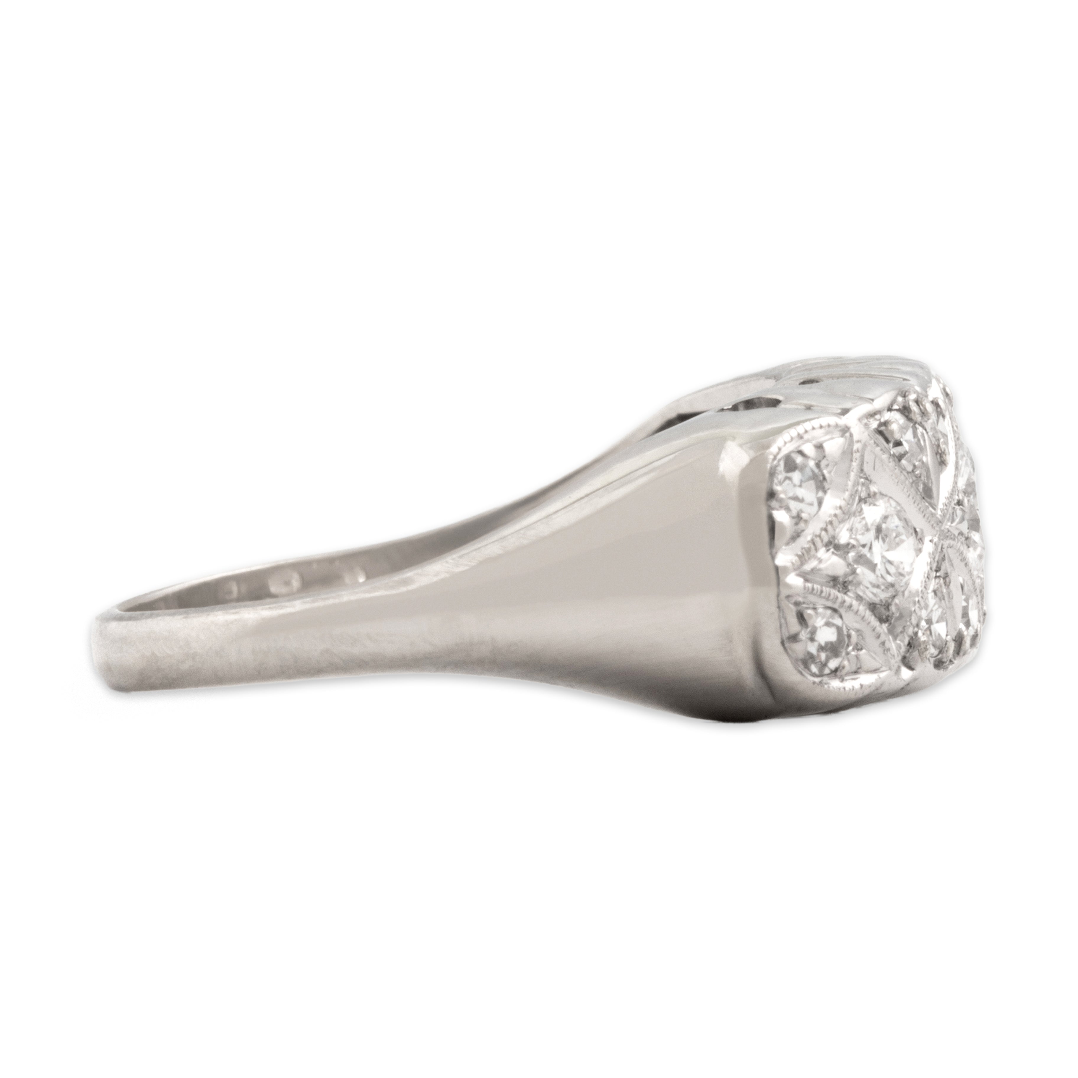 Vintage 14k White Gold Diamond Glittering Milgrain Detail Quilted Bar Ring - Side view